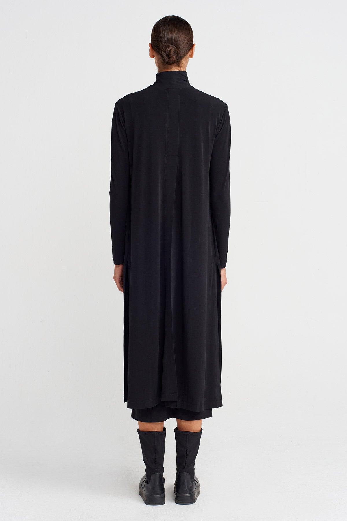 Black Long Jersey Cardigan with Back Slit-K255015104
