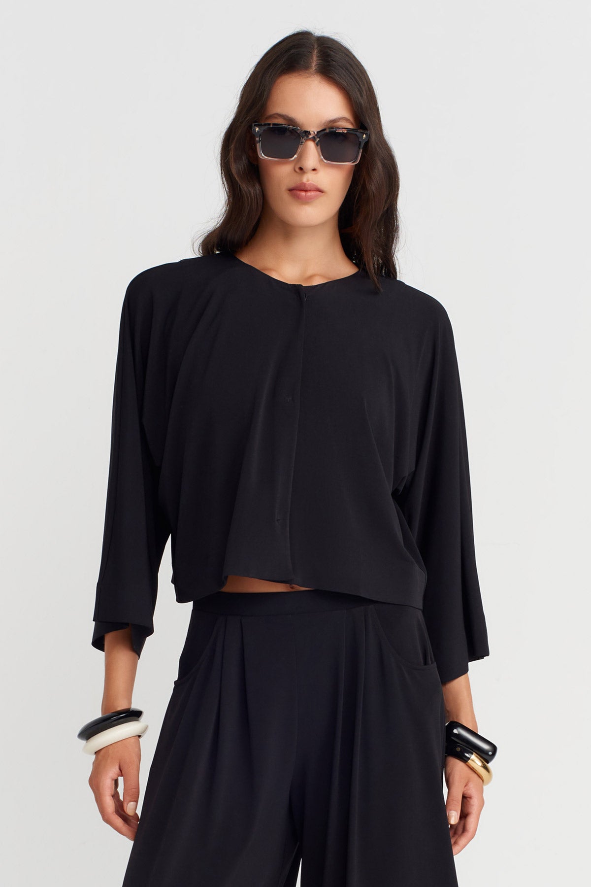 Black Jersey Cardigan with Snap Closure-K255015106