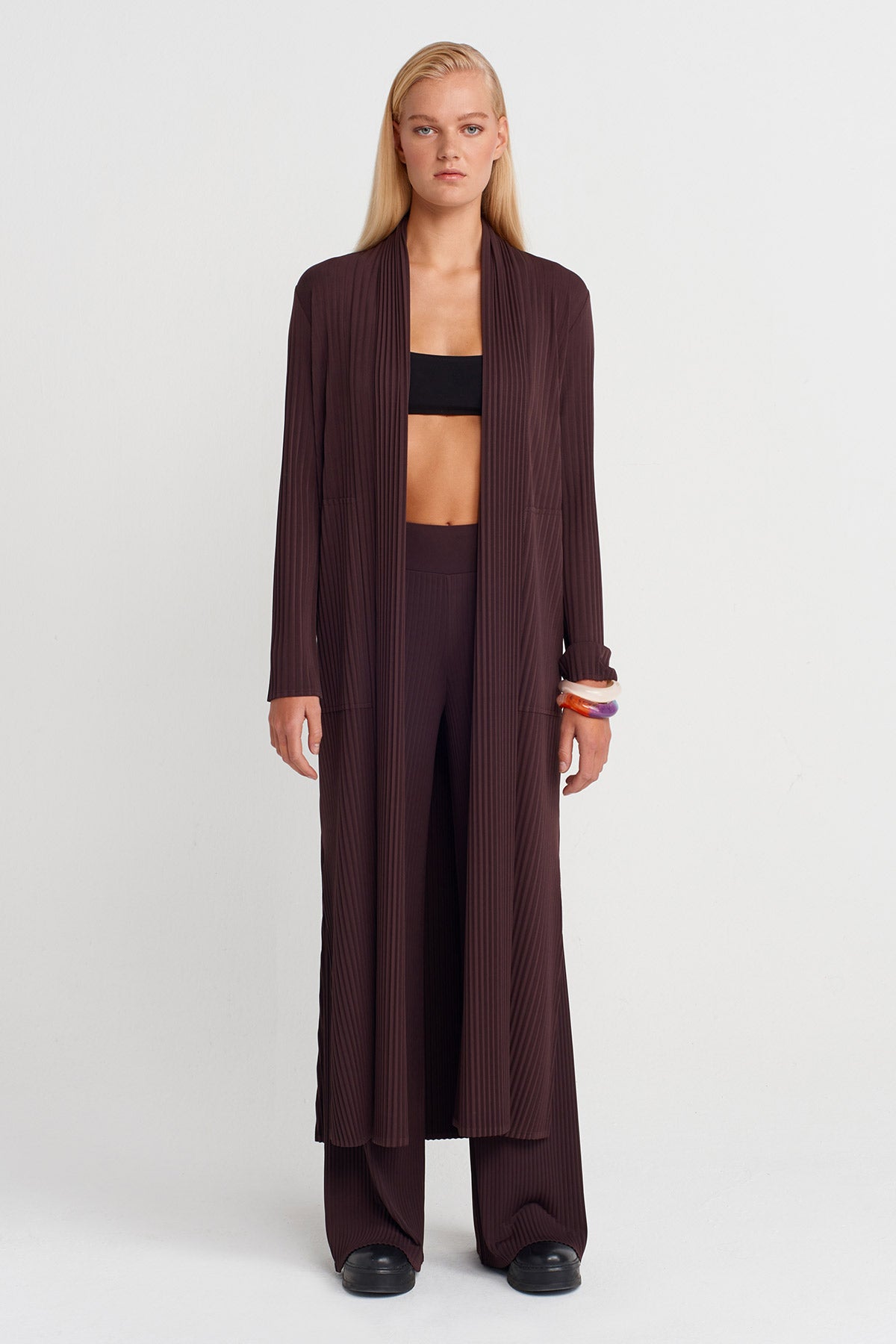 Dark Purple Long Pleated Cardigan-K255015109