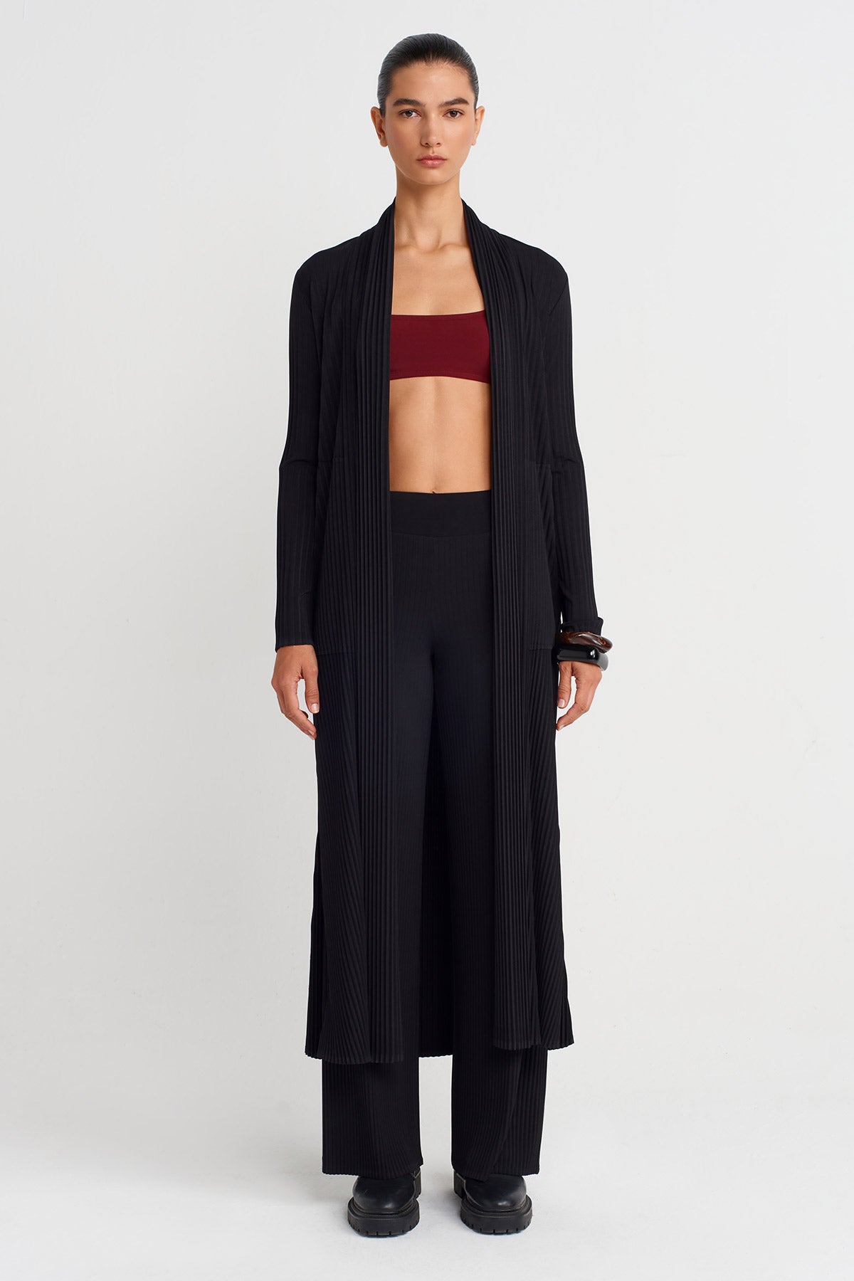 Black Long Pleated Cardigan-K255015109