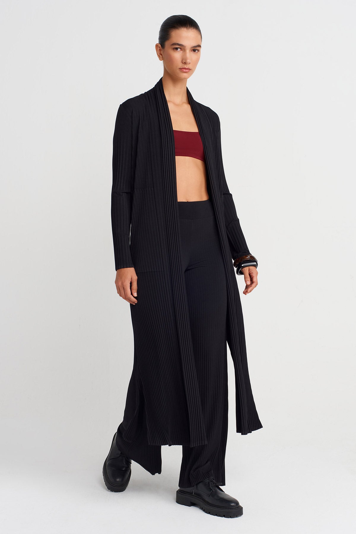 Black Long Pleated Cardigan-K255015109