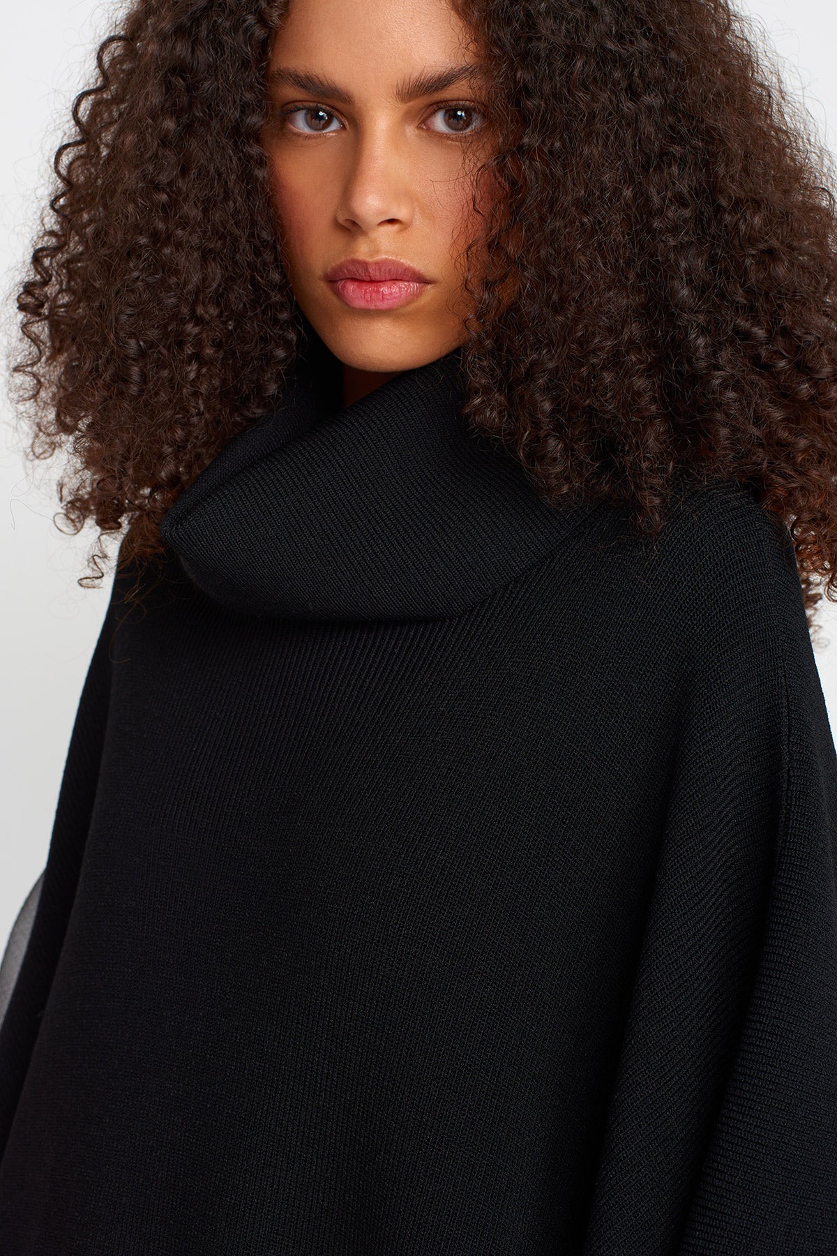 Black Asymmetric Long Knit Collar Poncho-K256016005