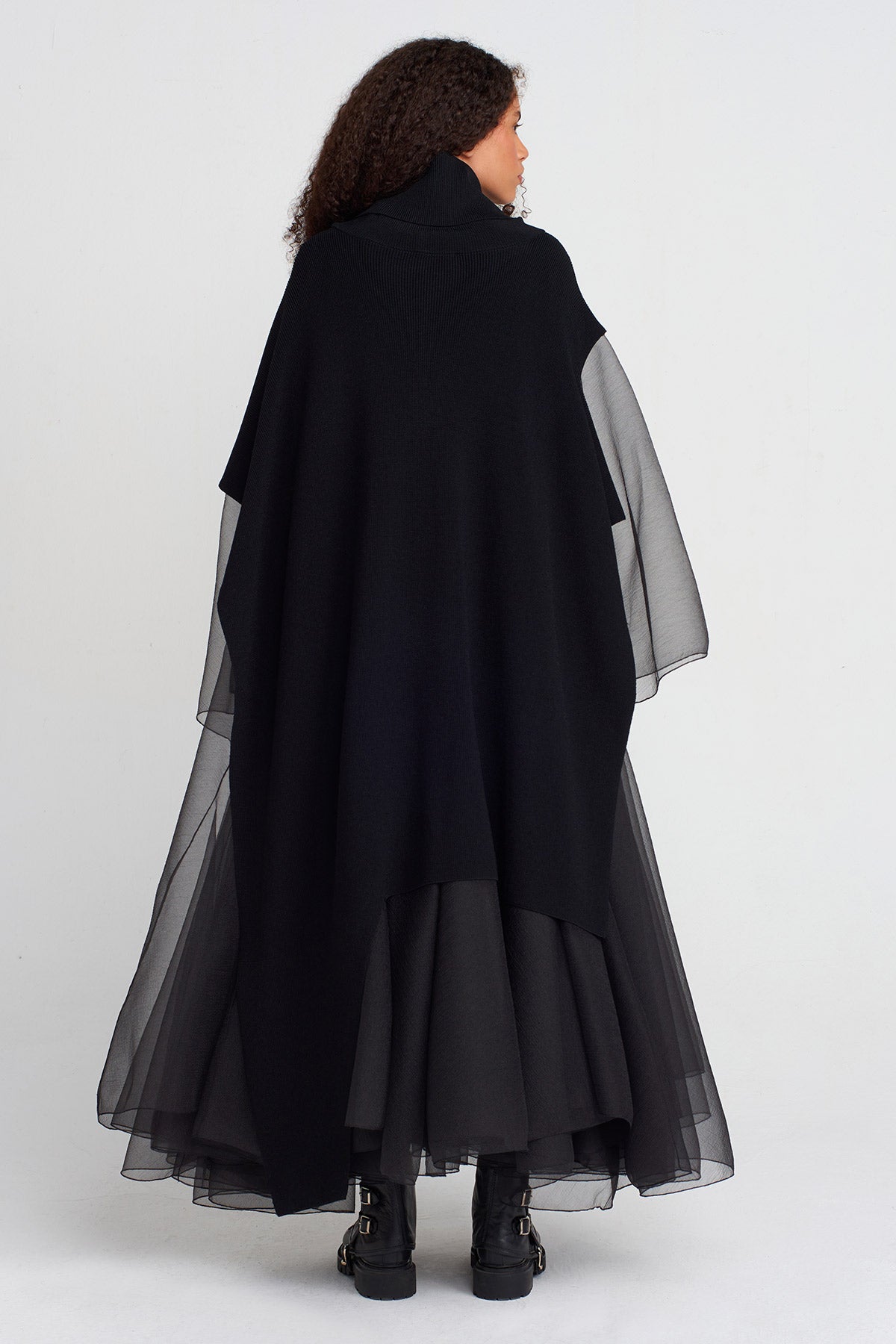 Black Asymmetric Long Knit Collar Poncho-K256016005