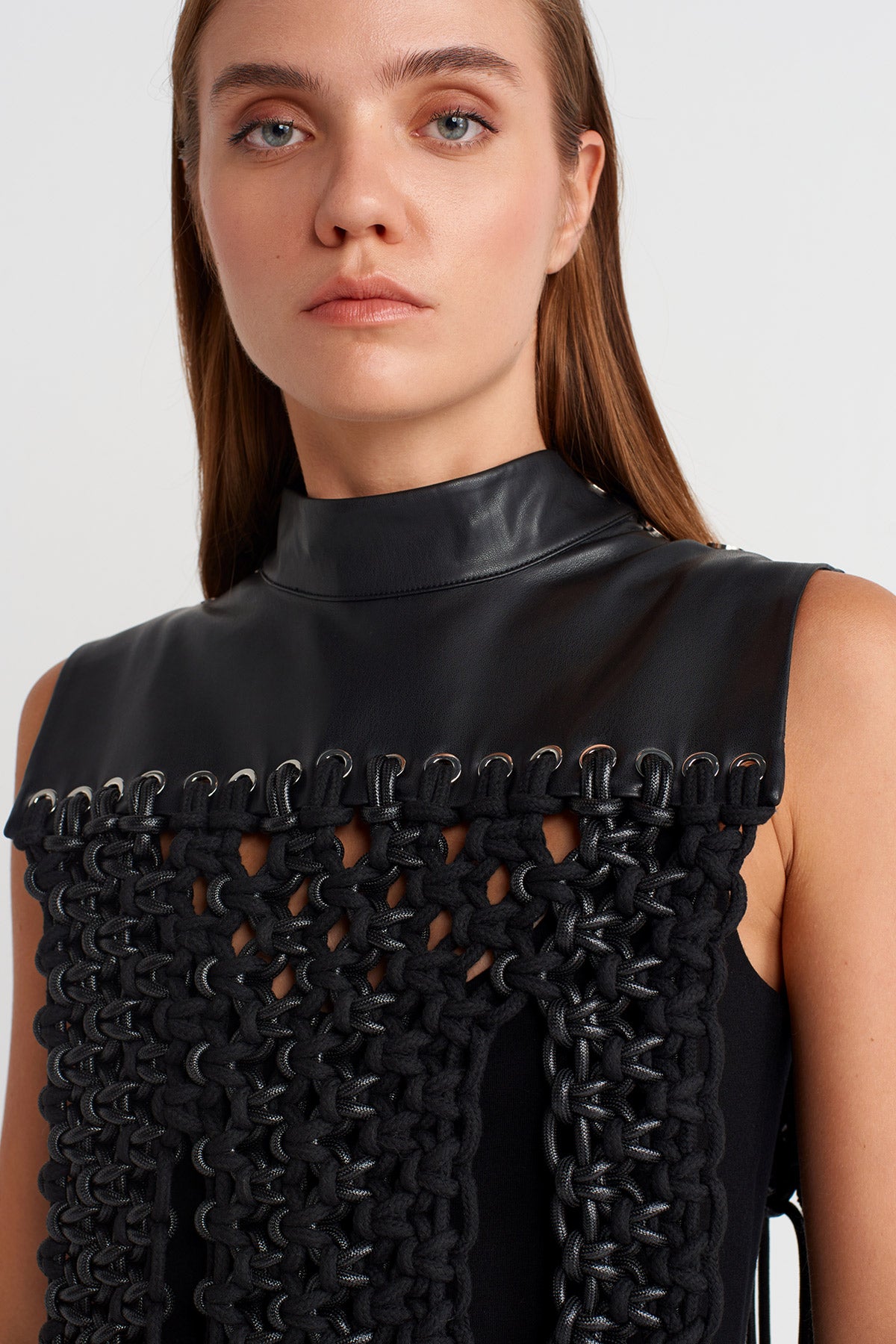 Black Leather-Collar Macramé Fringe Shoulder Piece-K256016010