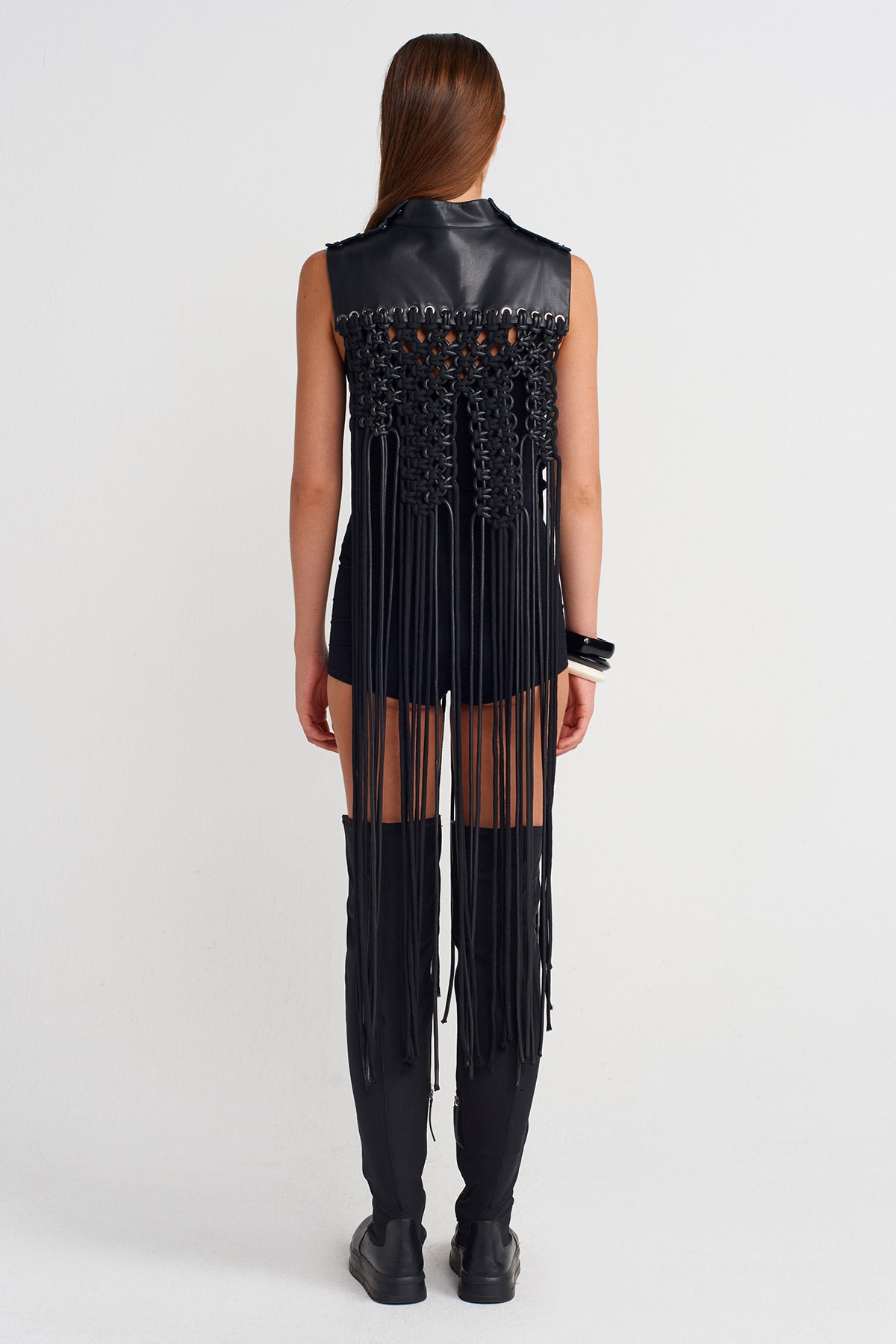 Black Leather-Collar Macramé Fringe Shoulder Piece-K256016010