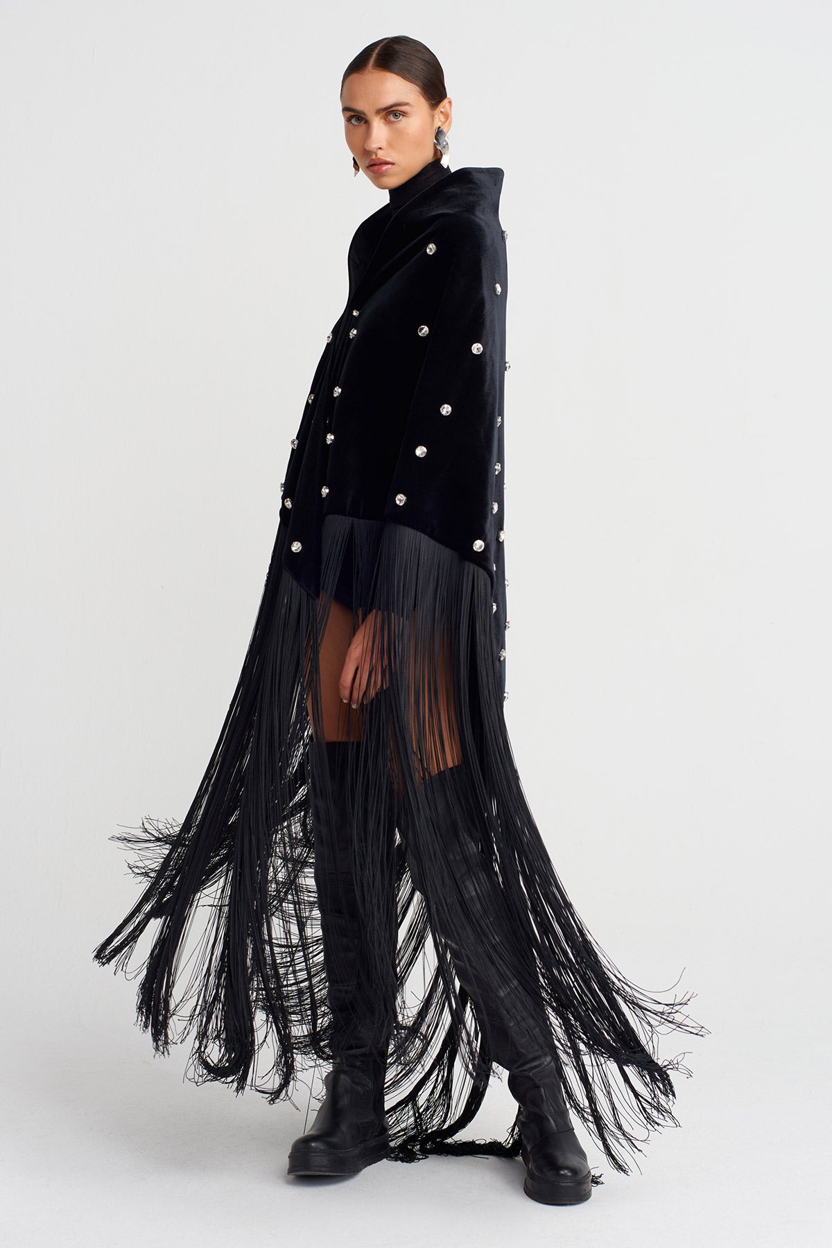 Black Velvet Shawl with Stone Embroidery and Fringes-K256016013