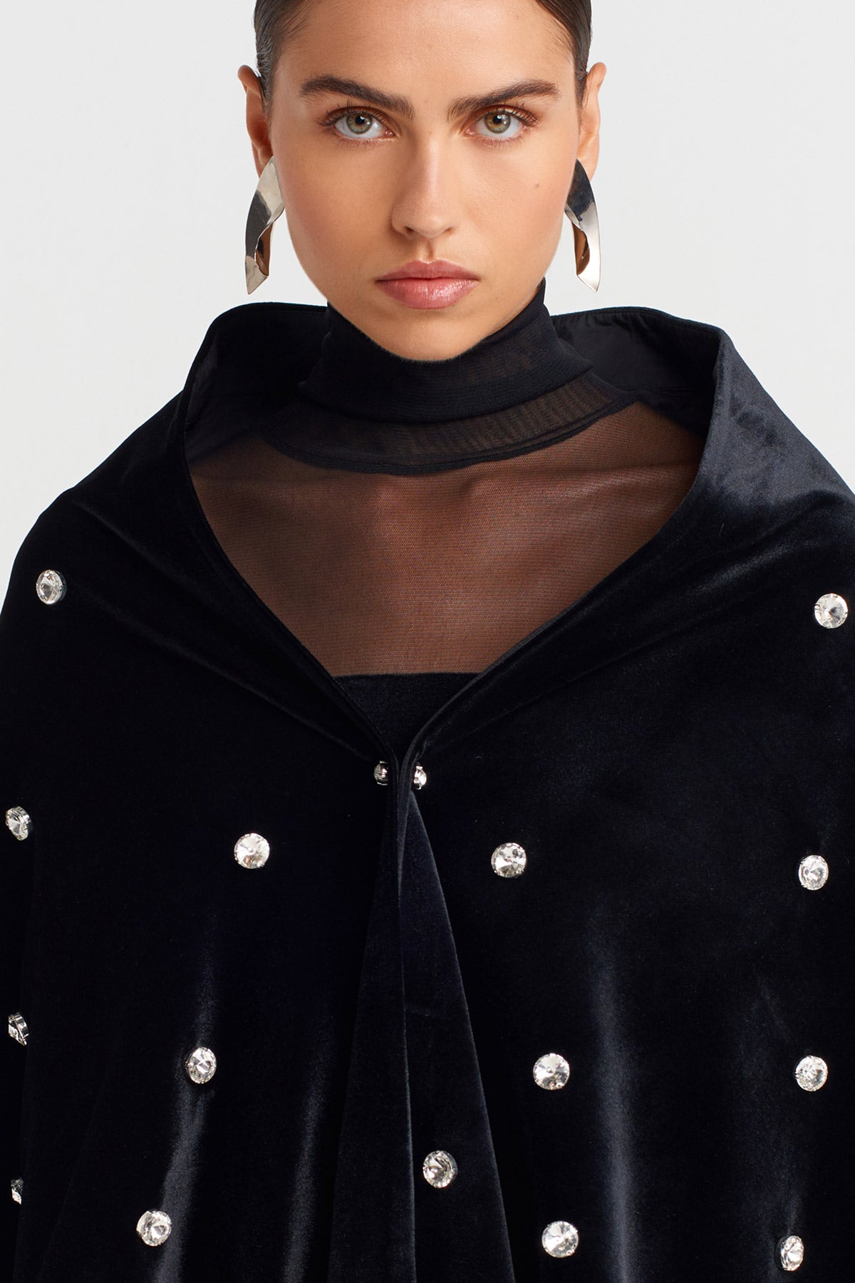 Black Velvet Shawl with Stone Embroidery and Fringes-K256016013