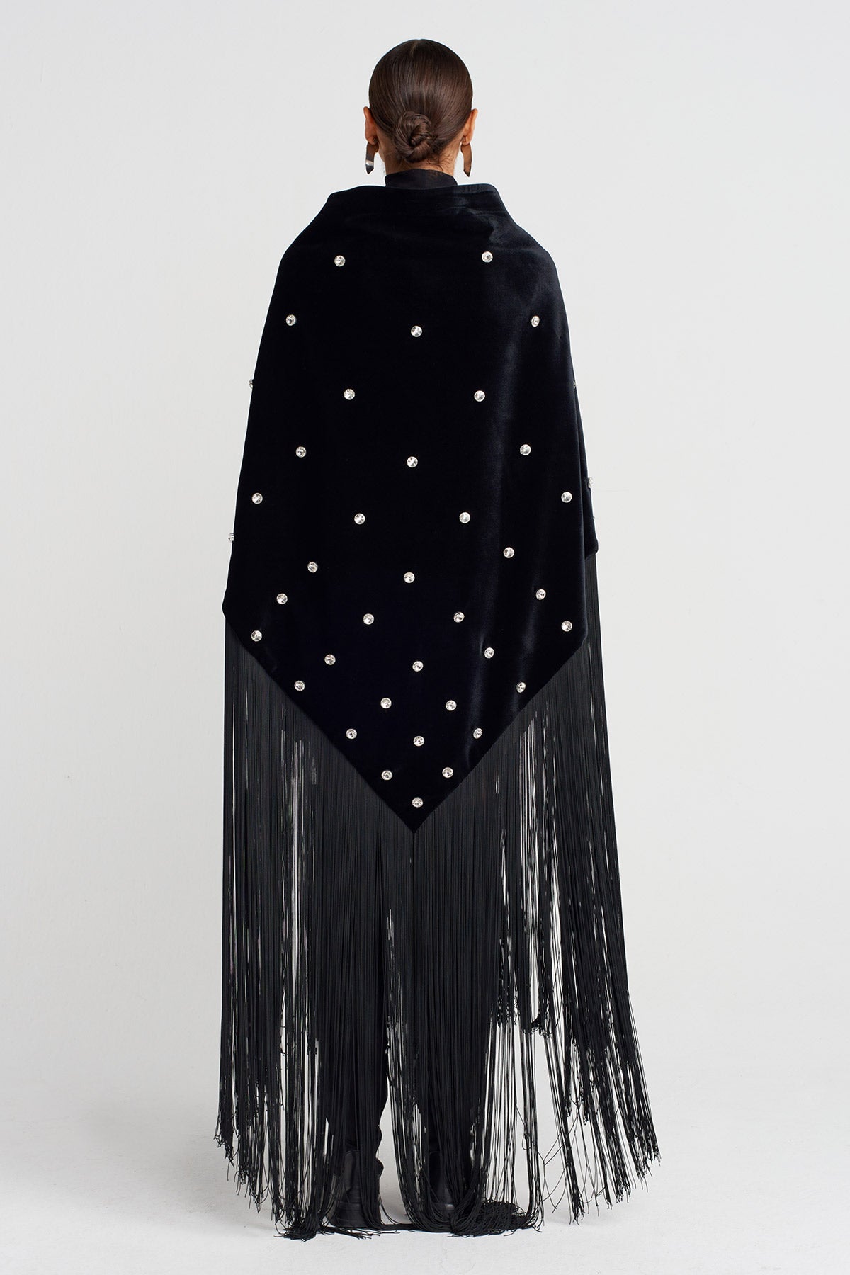 Black Velvet Shawl with Stone Embroidery and Fringes-K256016013