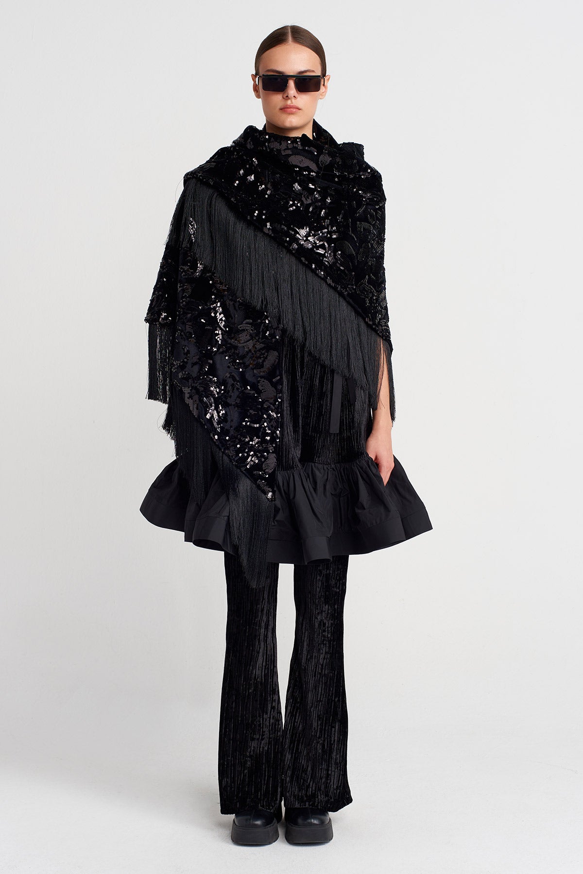 Black Sequin Embroidered Shawl with Fringe-K256016017
