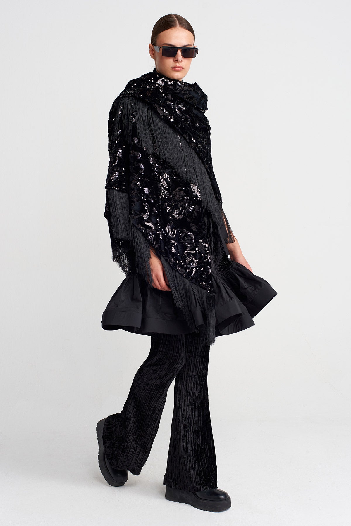Black Sequin Embroidered Shawl with Fringe-K256016017