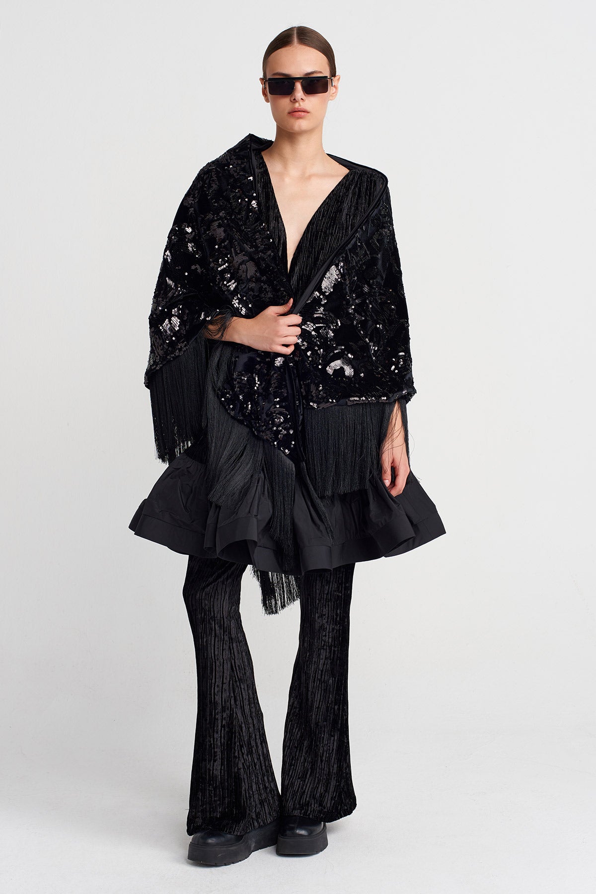 Black Sequin Embroidered Shawl with Fringe-K256016017