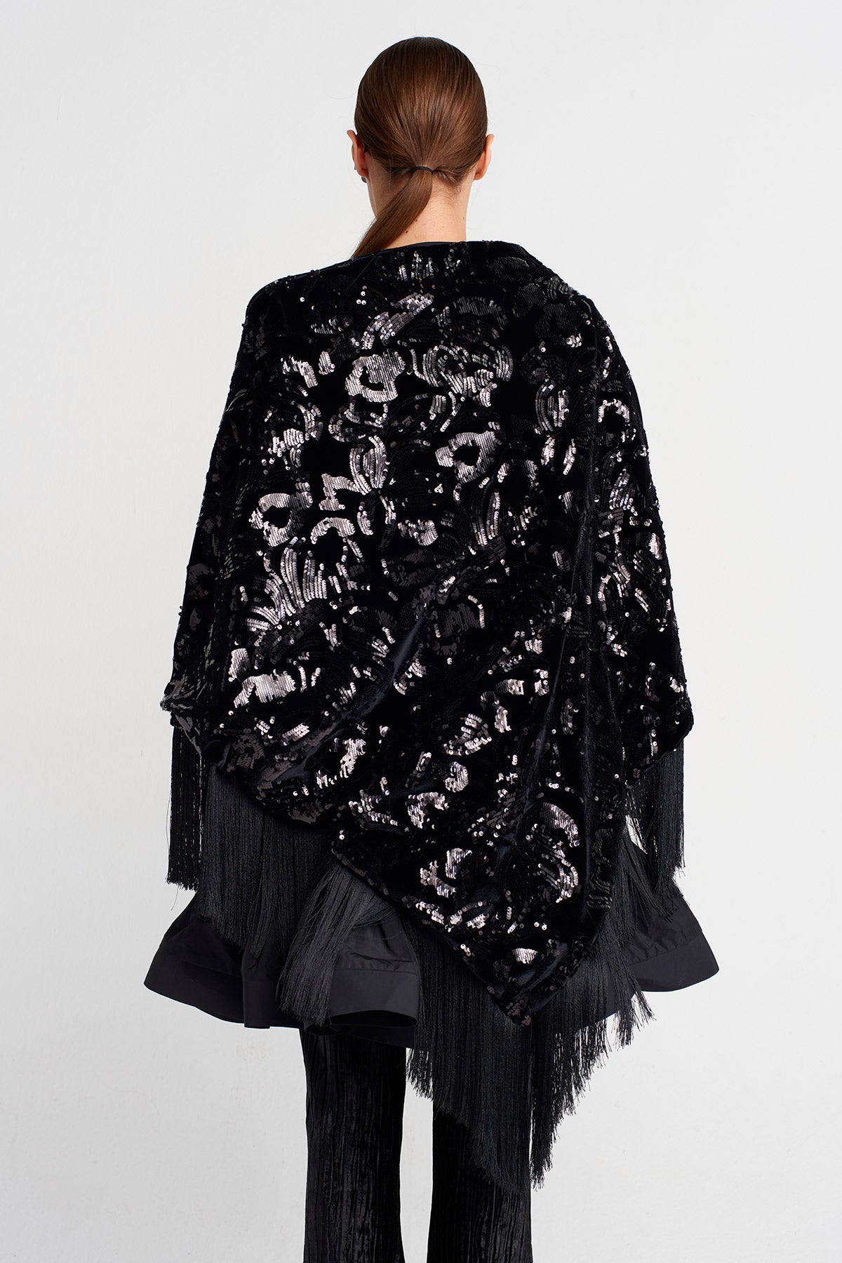 Black Sequin Embroidered Shawl with Fringe-K256016017