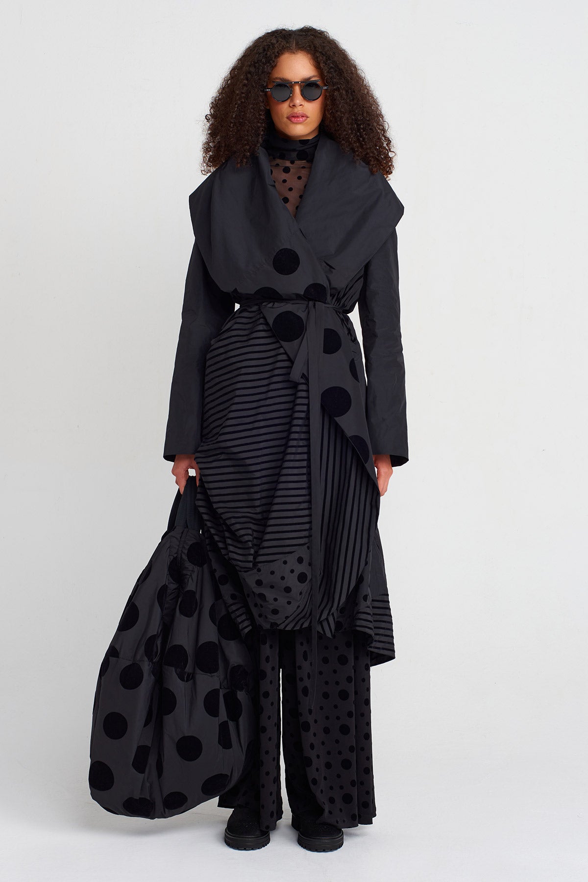 Multicolor Striped and Polka-Dot Draped Taffeta Coat-K257017004