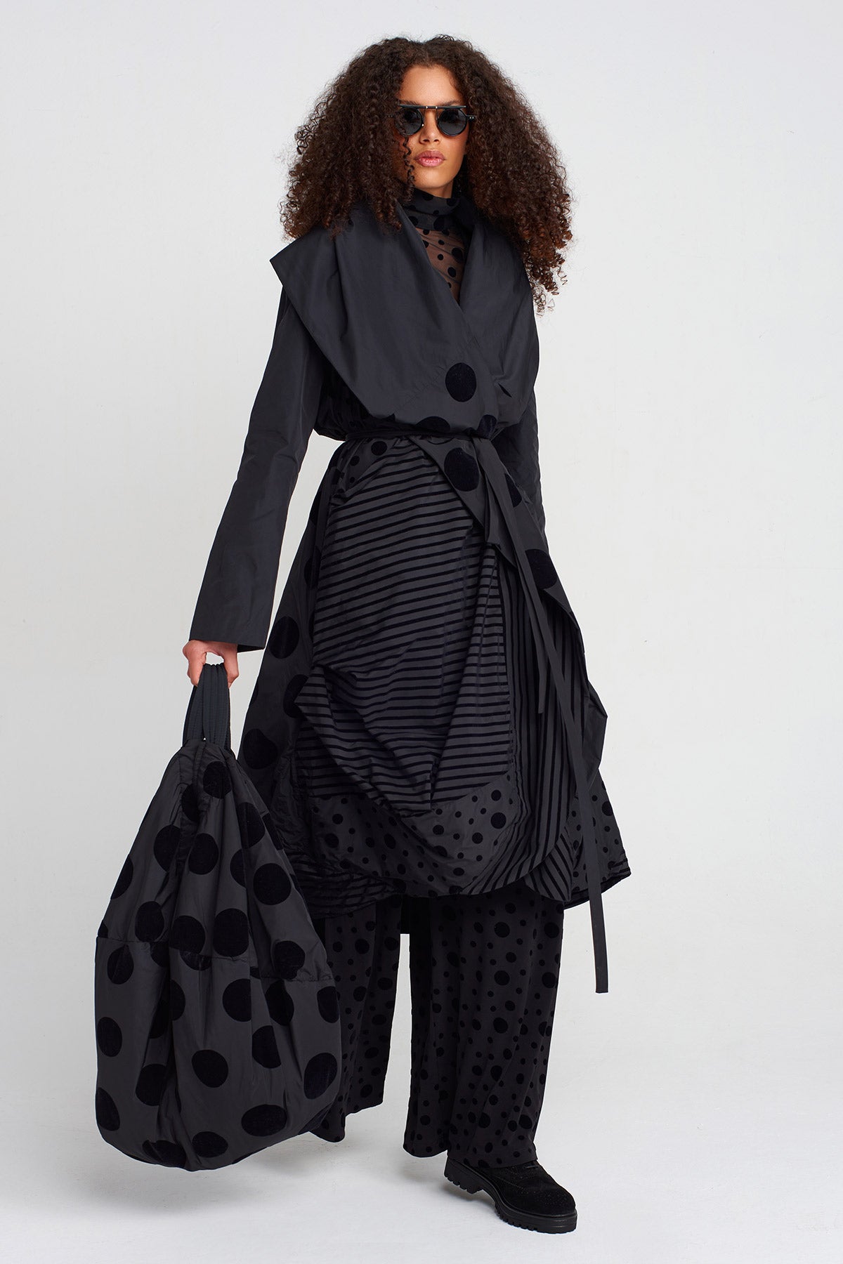 Multicolor Striped and Polka-Dot Draped Taffeta Coat-K257017004
