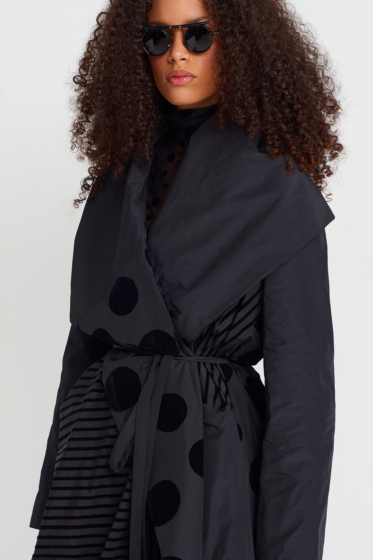 Multicolor Striped and Polka-Dot Draped Taffeta Coat-K257017004