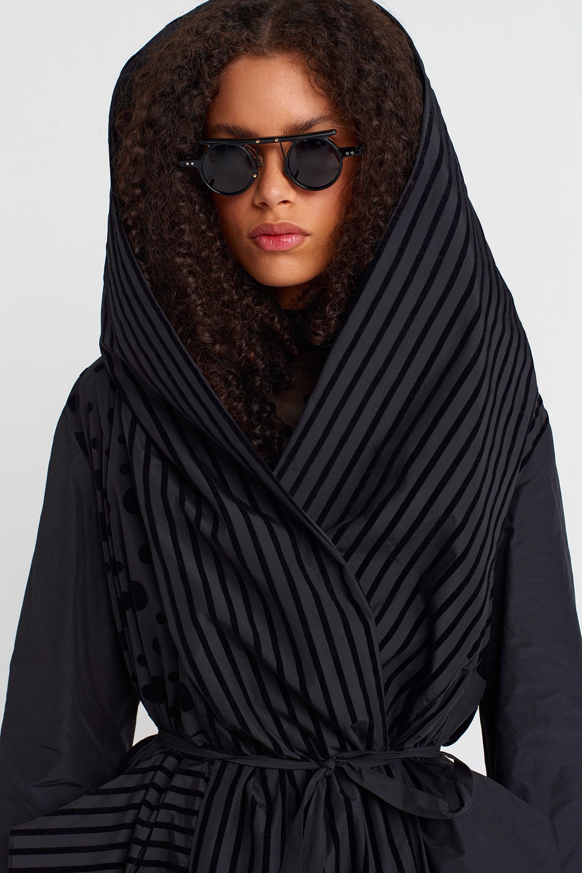 Multicolor Striped and Polka-Dot Draped Taffeta Coat-K257017004