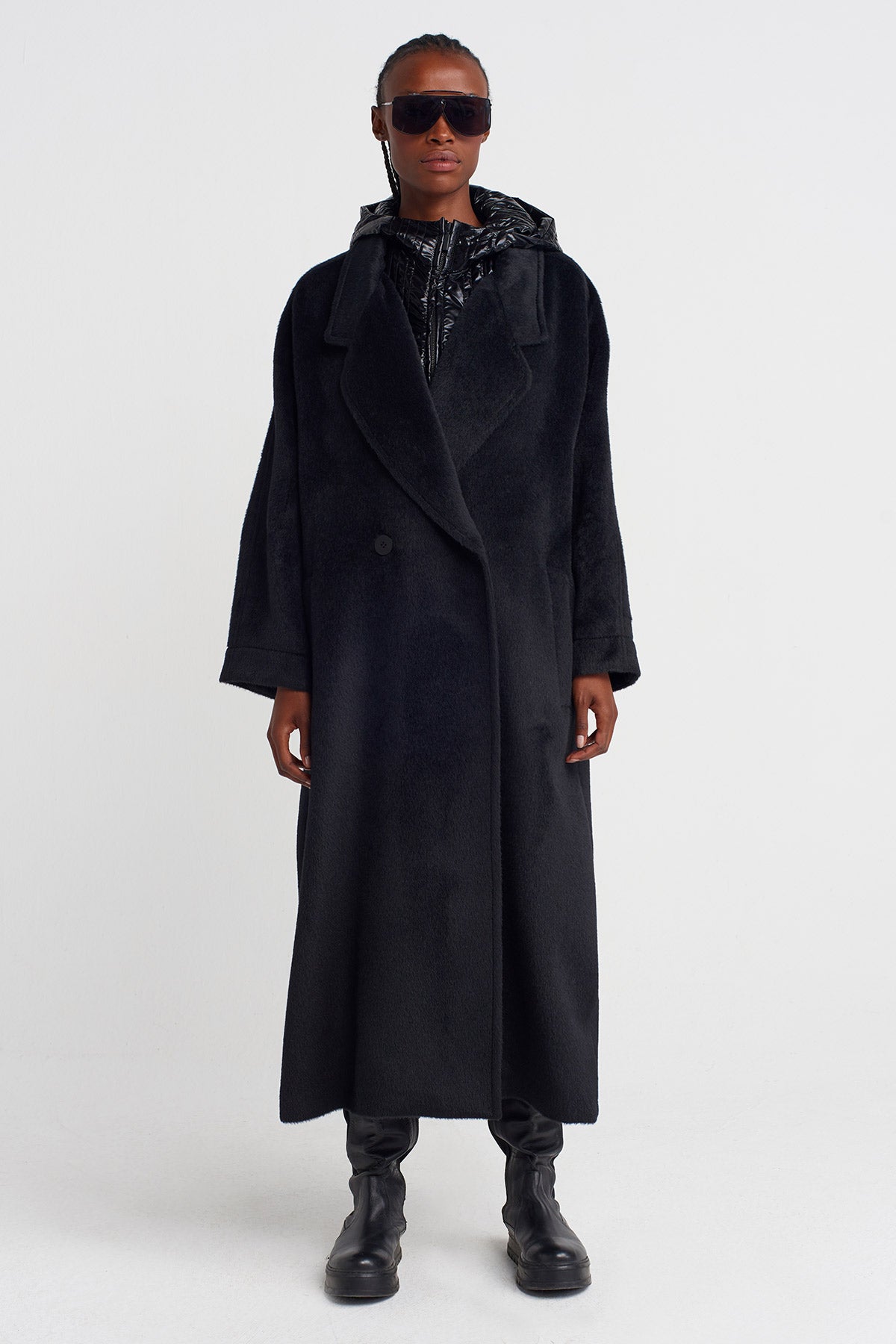 Black Long Fuzzy Coat with Shiny Hood Detail-K257017007