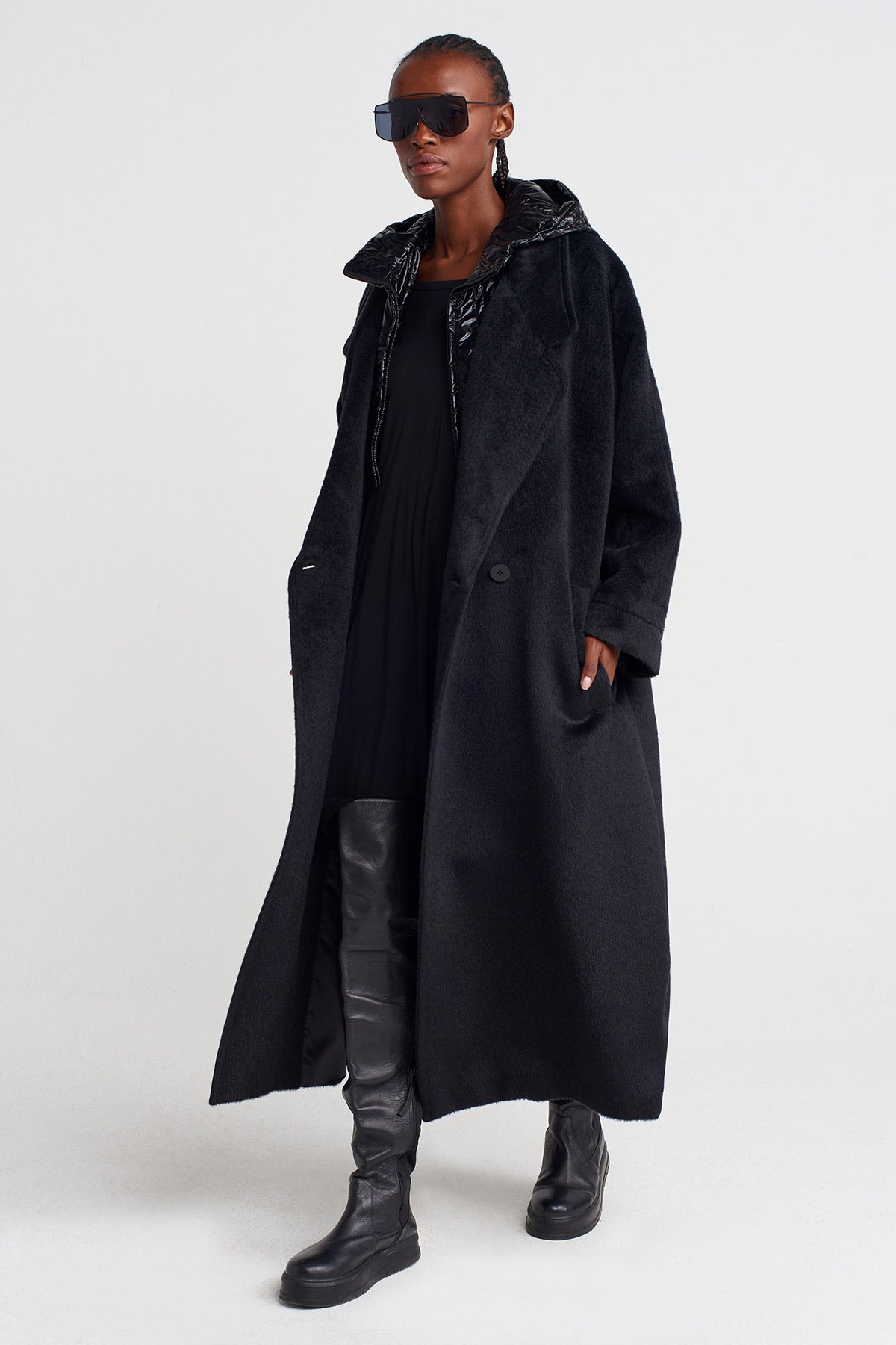 Black Long Fuzzy Coat with Shiny Hood Detail-K257017007
