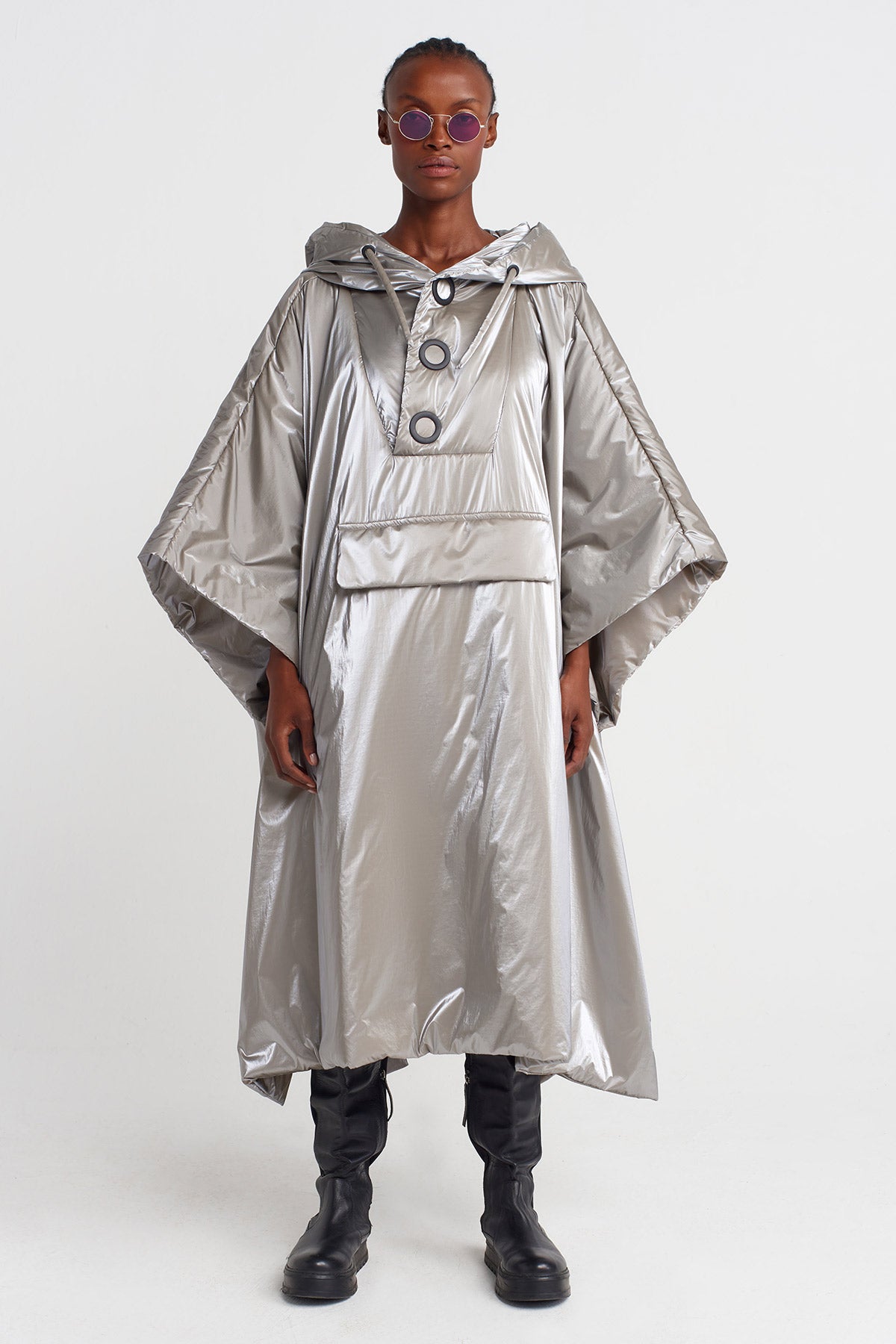 Light Grey Melange Shiny Long Hooded Raincoat-K257017008