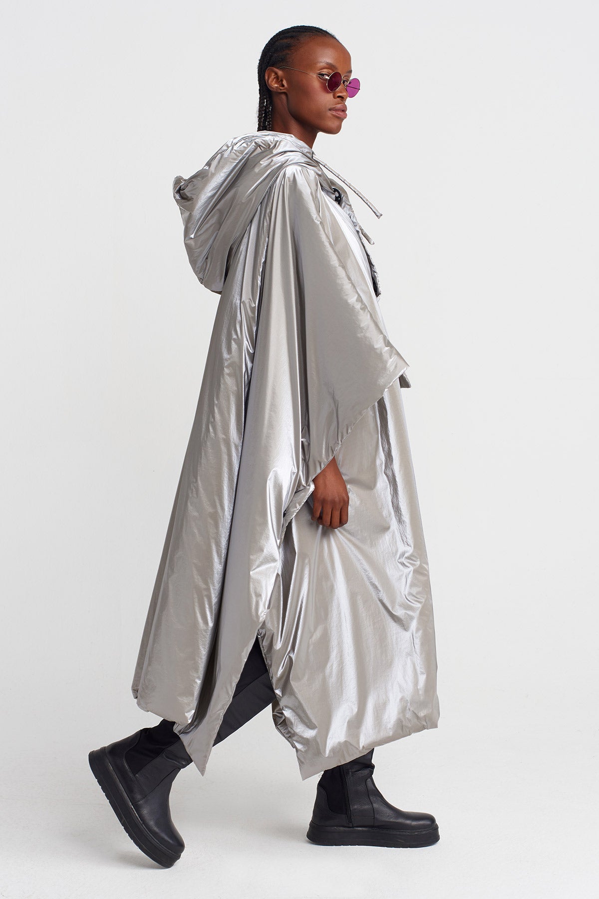 Light Grey Melange Shiny Long Hooded Raincoat-K257017008