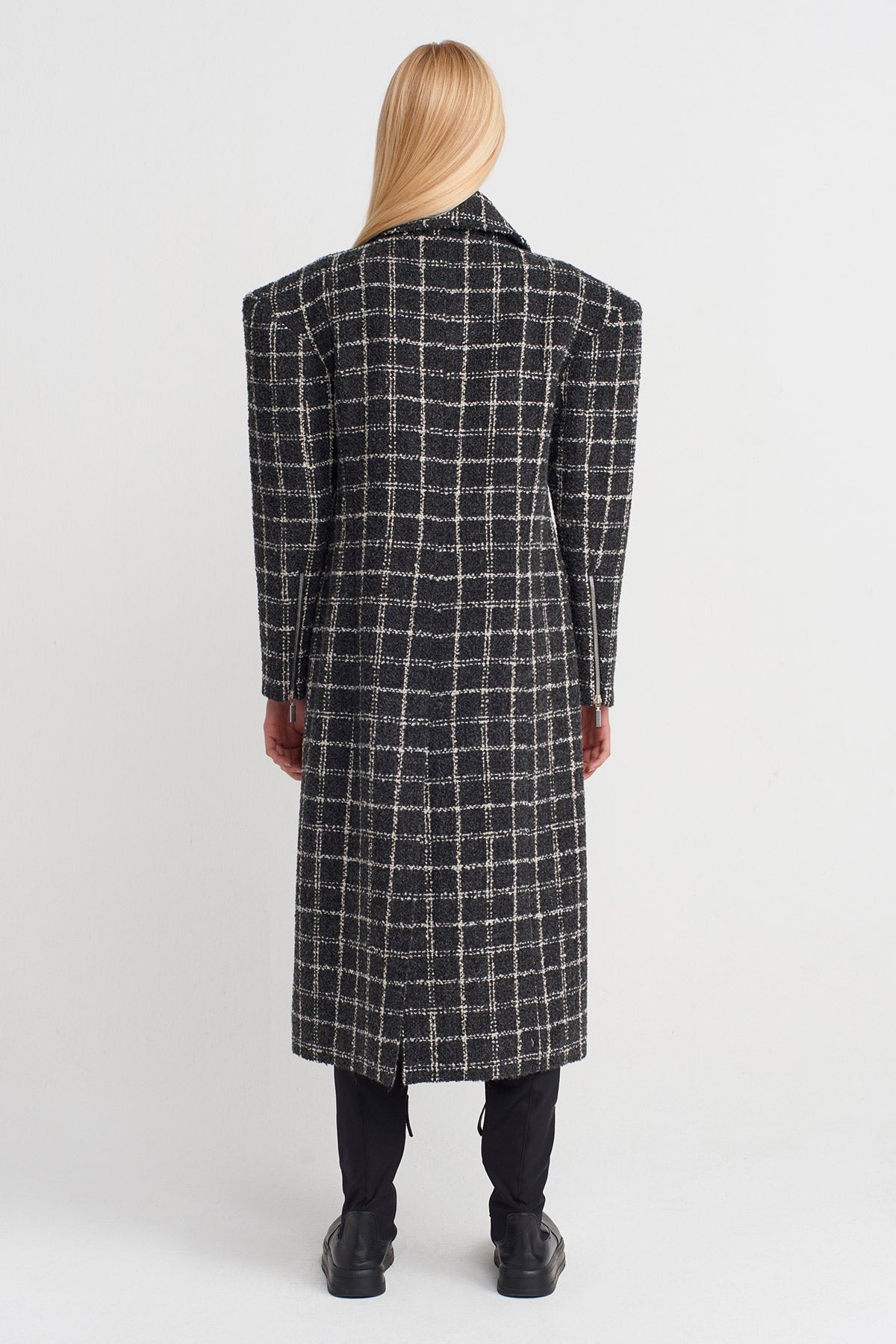 Grey/White Structured Shoulder Long Coat-K257017011
