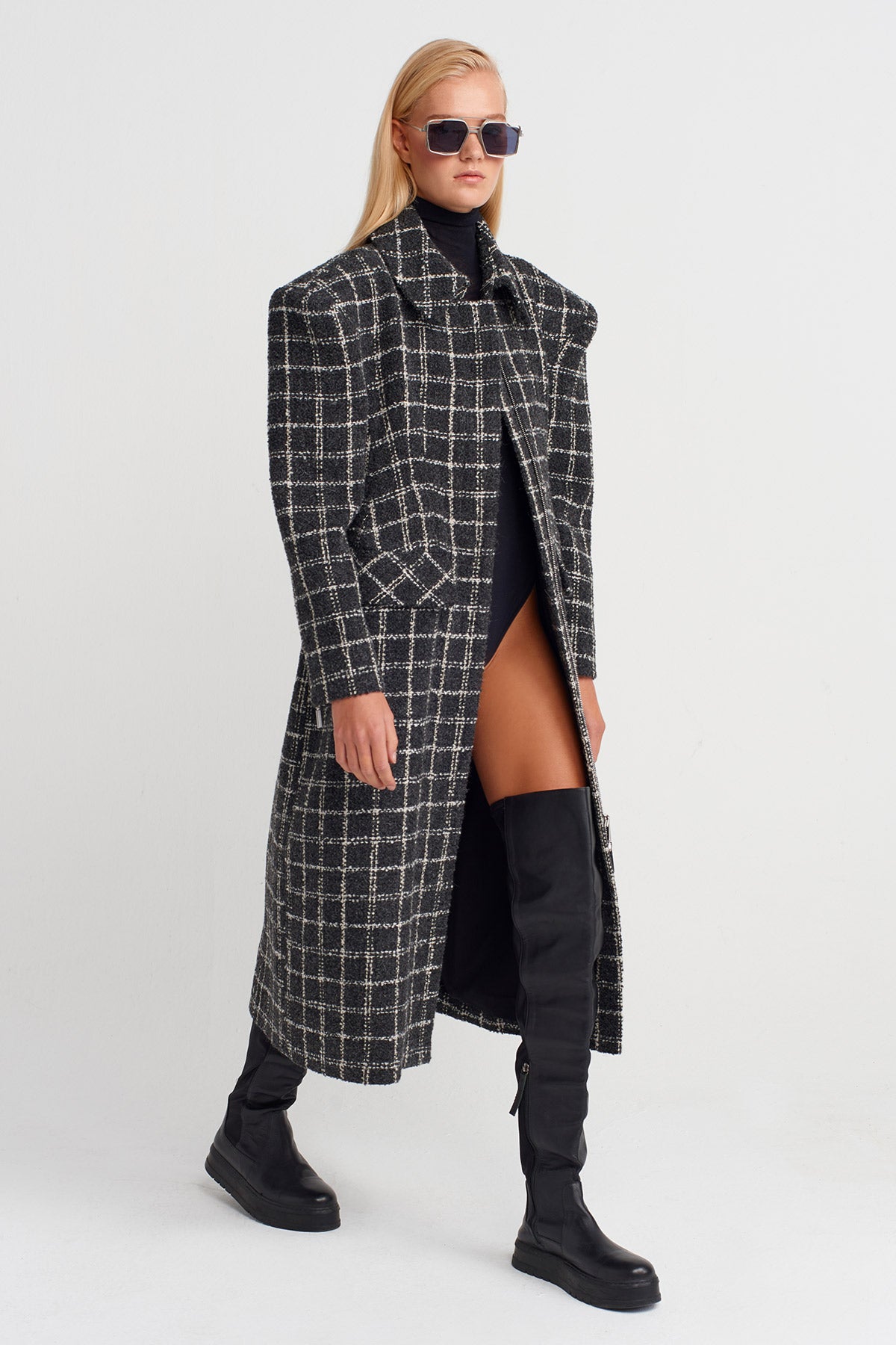 Grey/White Structured Shoulder Long Coat-K257017011