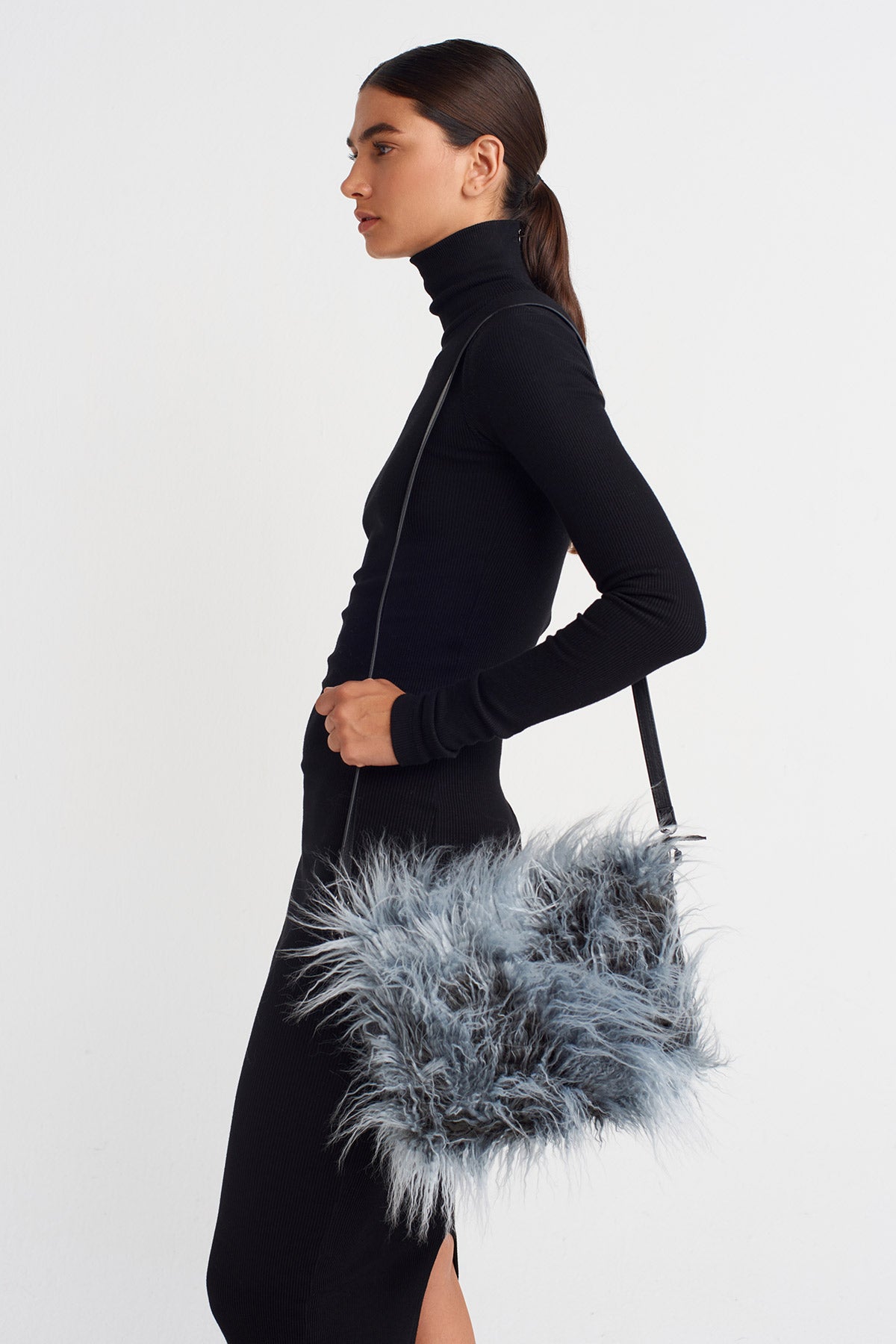 Off White/Black Faux Fur Shoulder Bag-K258018013