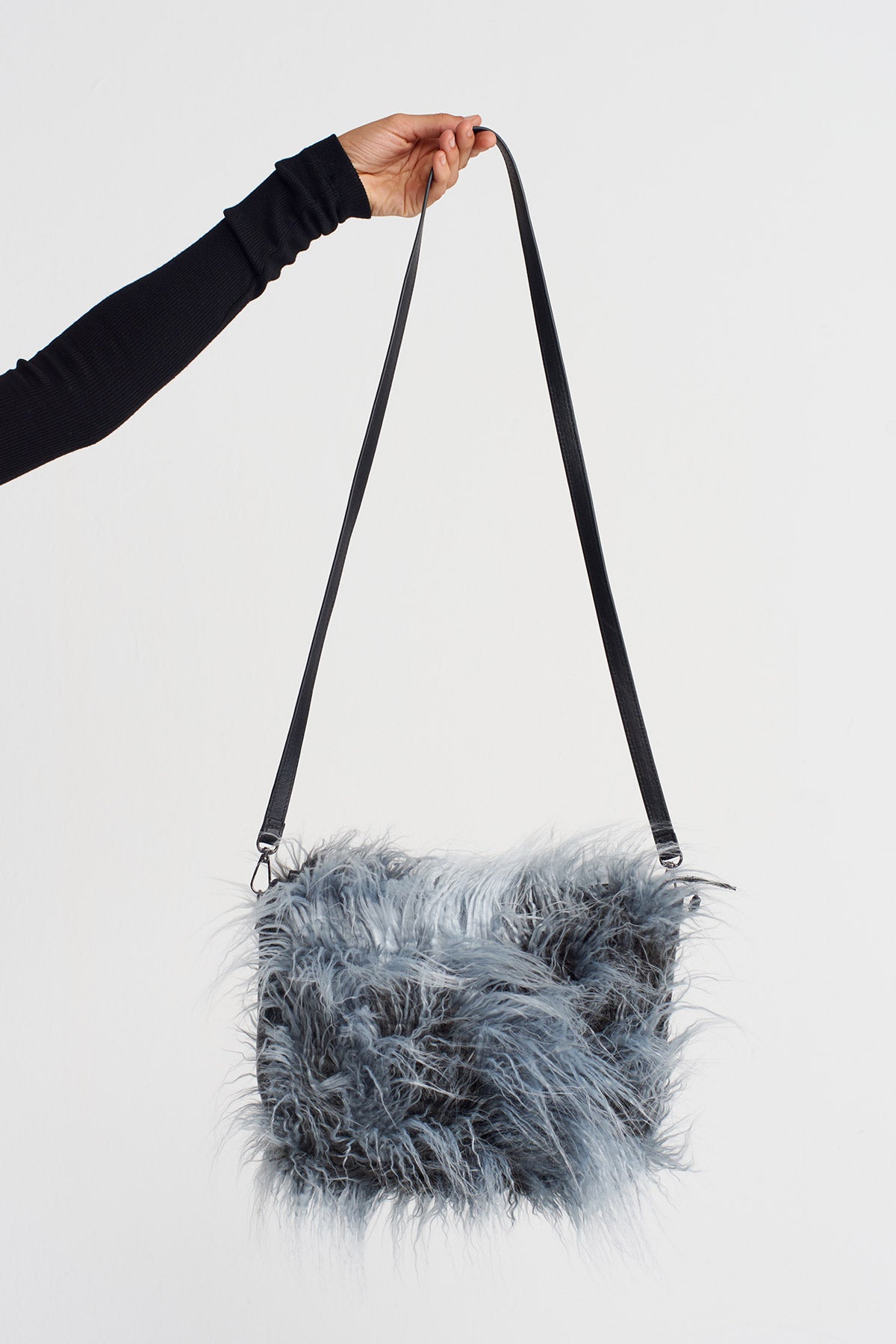 Off White/Black Faux Fur Shoulder Bag-K258018013