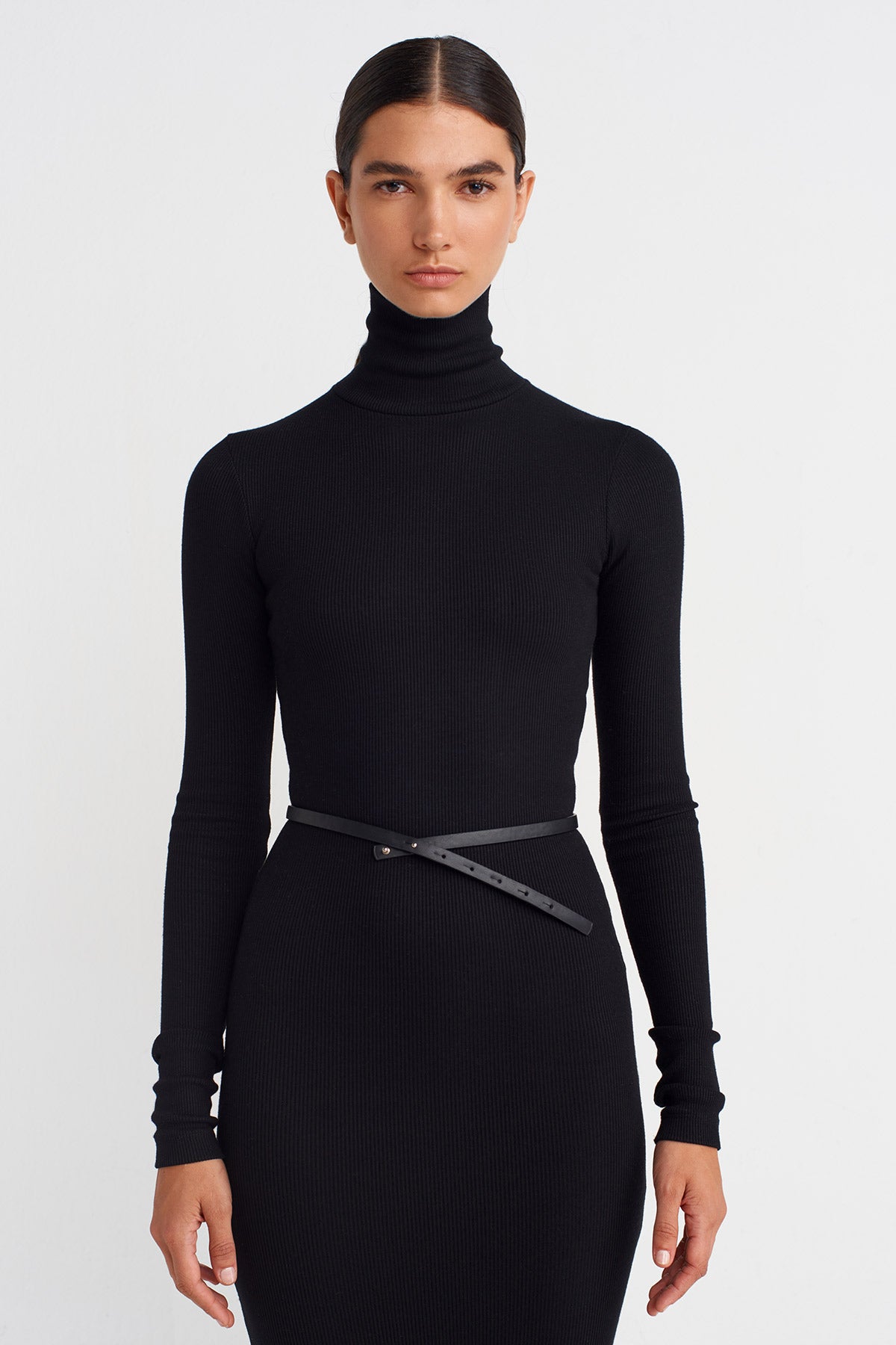 Black Slim Leather Belt-K258018019