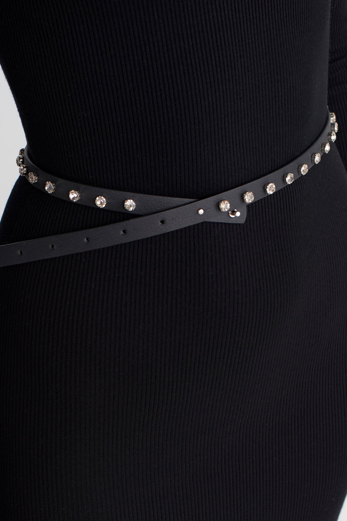 Black Crystal-Studded Slim Leather Belt-K258018021