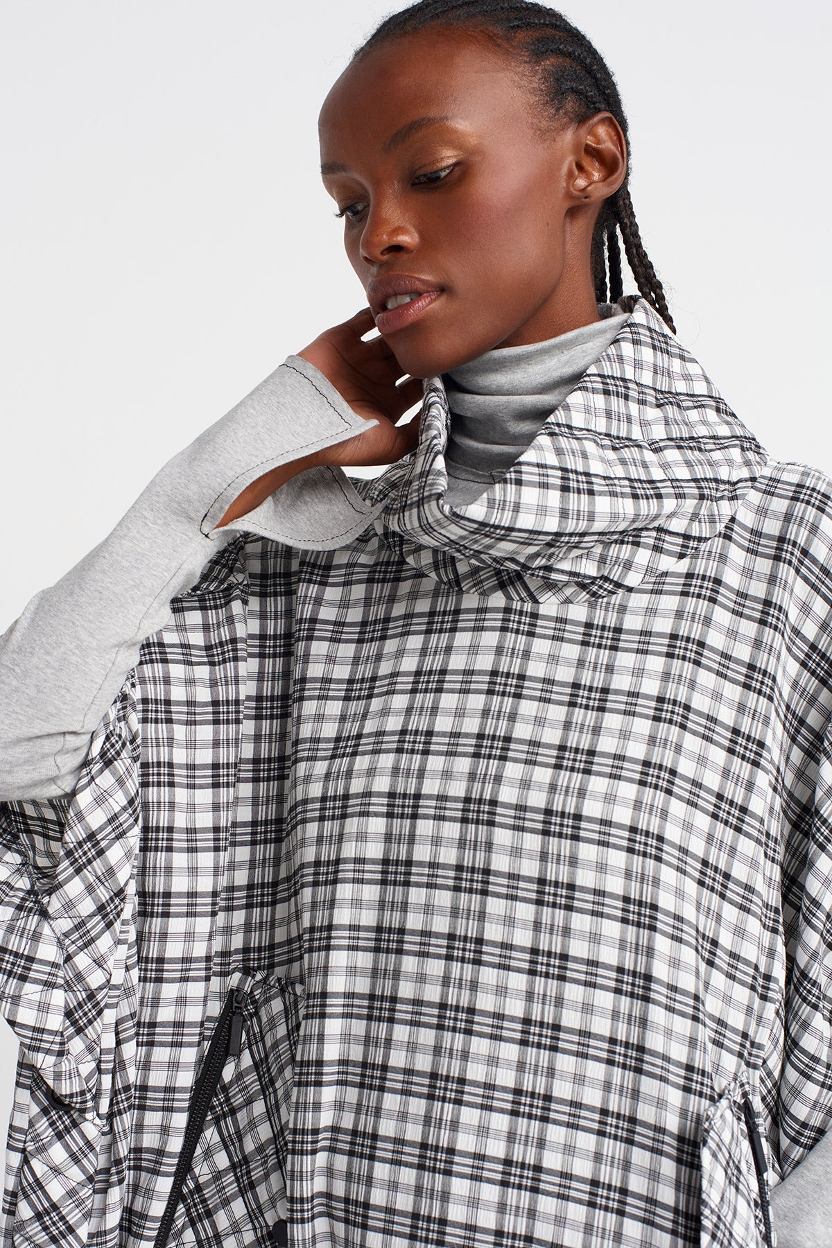 Black/White Plaid Kaftan Dress with Large Pocket Detail-K254014048