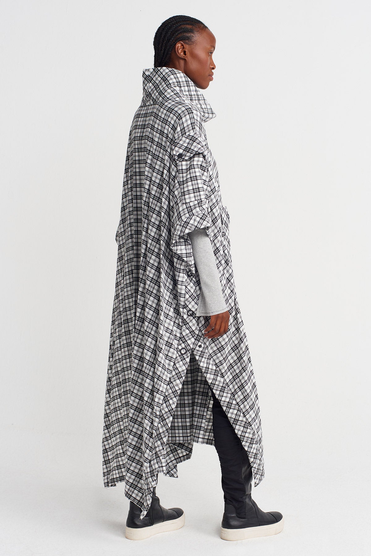 Black/White Plaid Kaftan Dress with Large Pocket Detail-K254014048