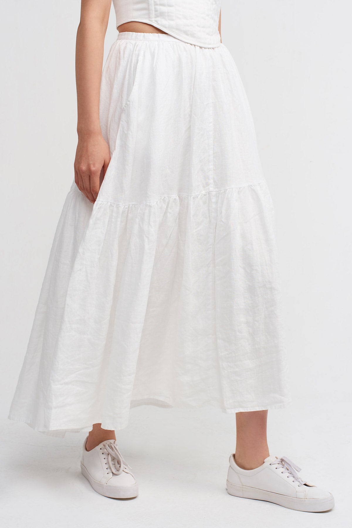 Off White Midi Linen Skirt-Y232012031