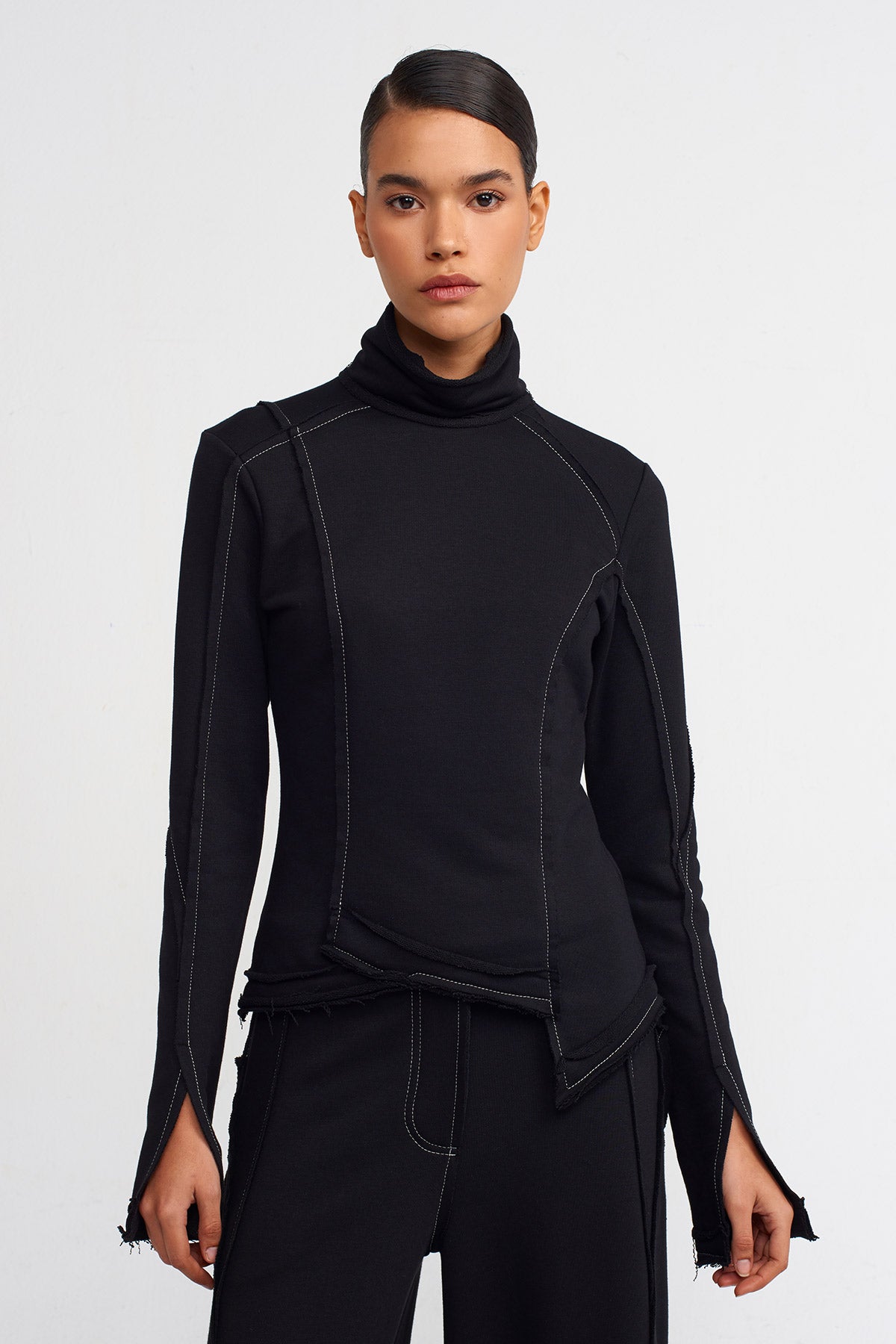 Black/Beige High-Neck Bodysuit with Contrast Stitching Detail-Y241011070