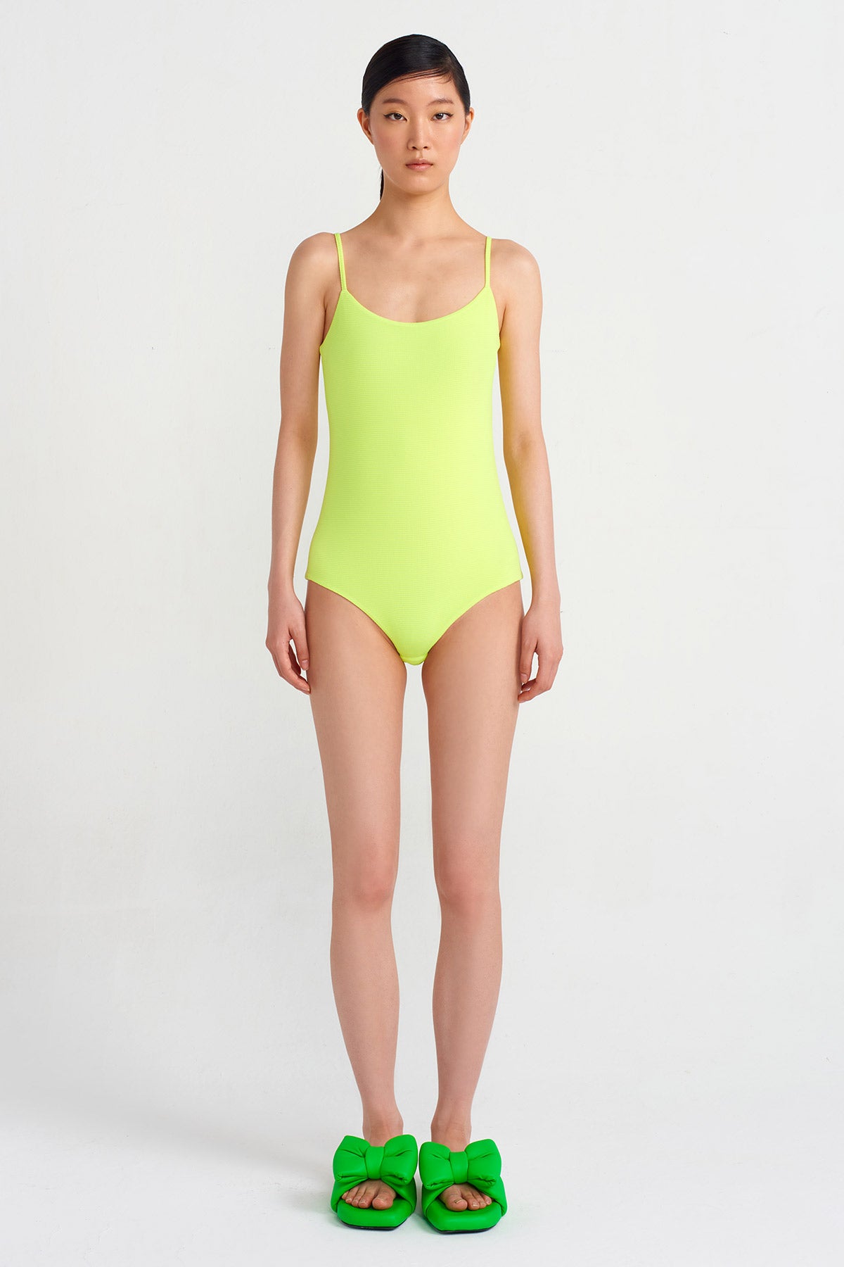 Neon Asit Yeşil Thin Strap Snap Fastening Bodysuit-Y241011097
