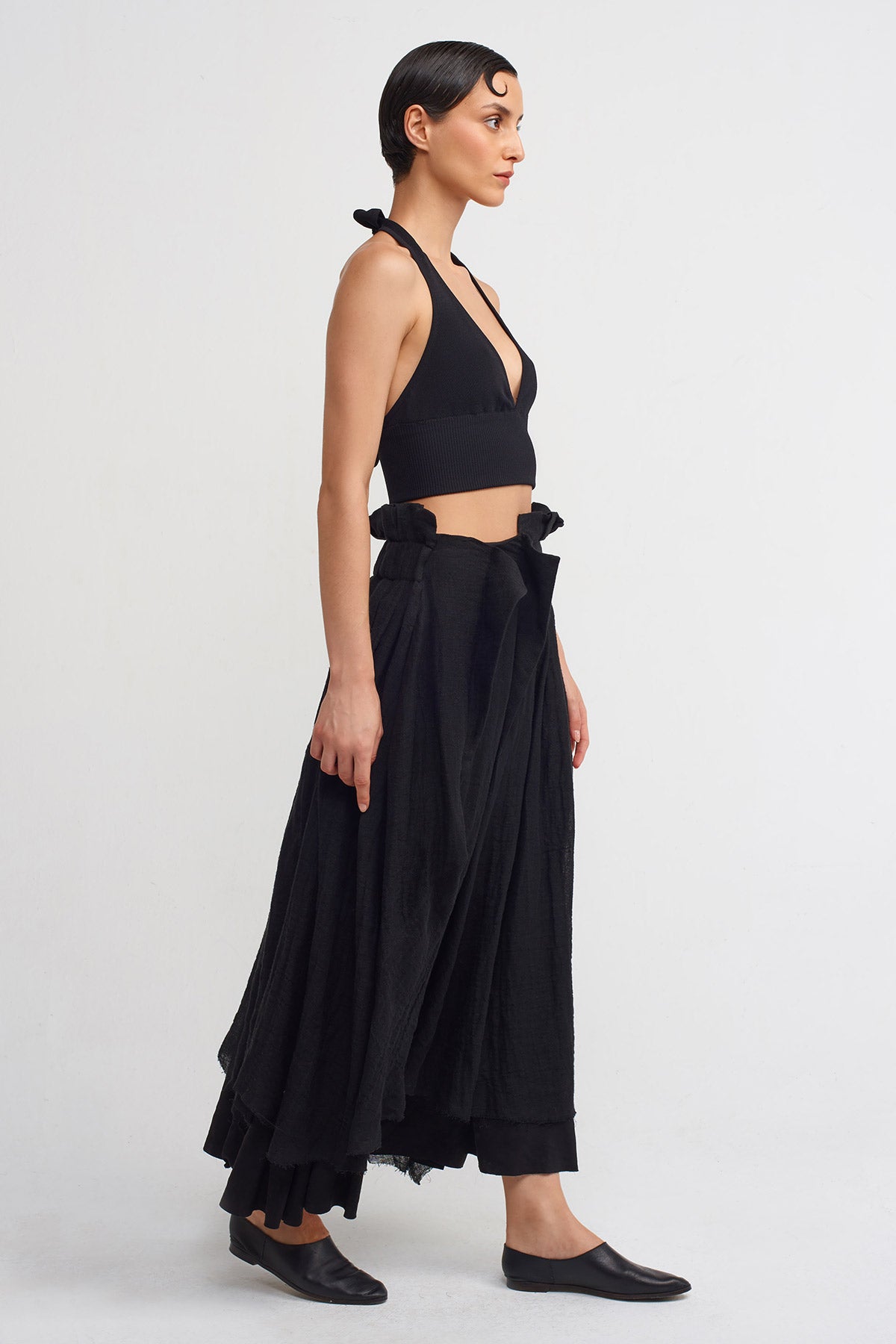 Black / Black Asymmetric Waist Linen Midi Skirt-Y242012001