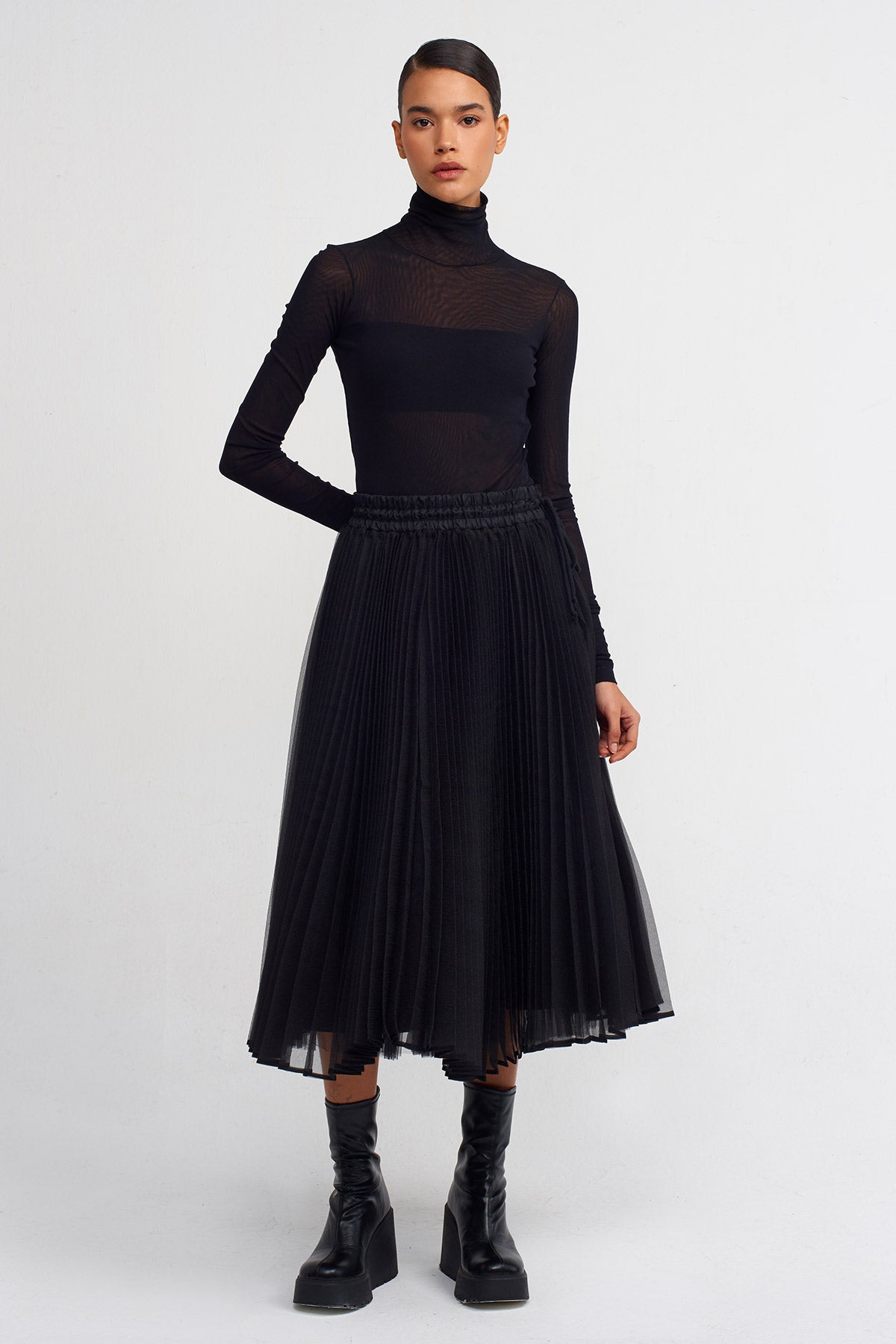 Black Pleated Tulle Skirt-Y242012008