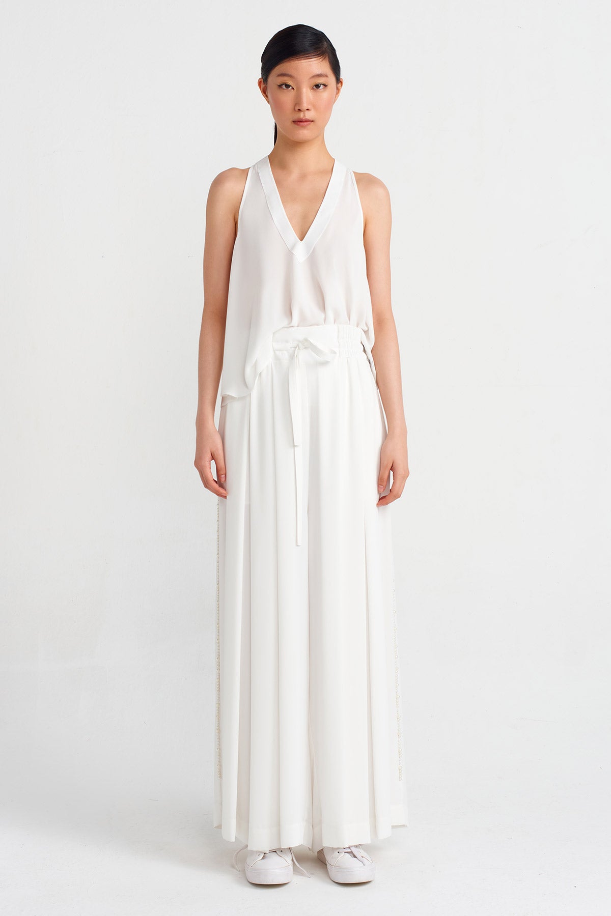 Off White Palazzo Pants with Bead Detailing on the Sides-Y243013070