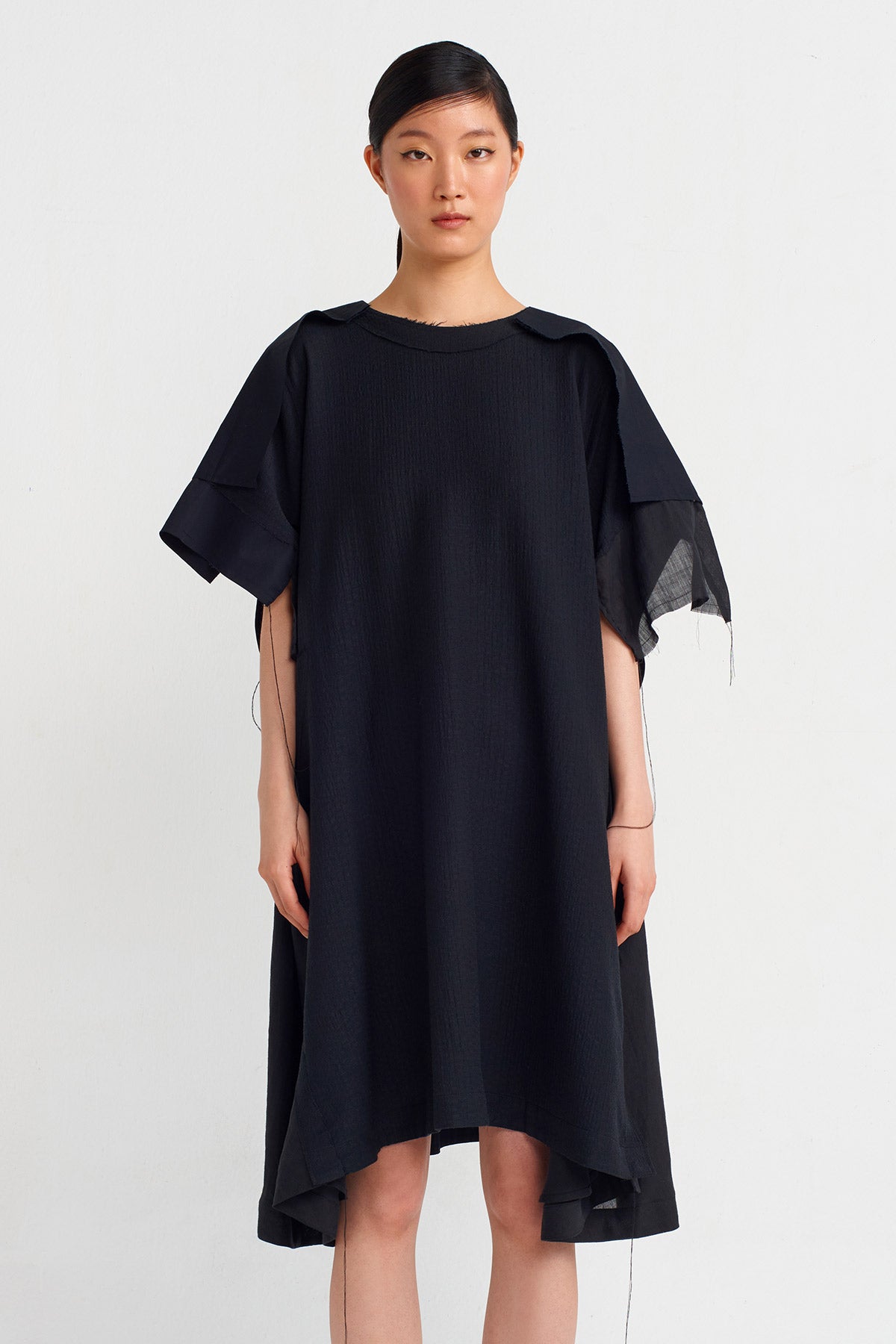 Black Patch Sleeve Short Dress-Y244014043