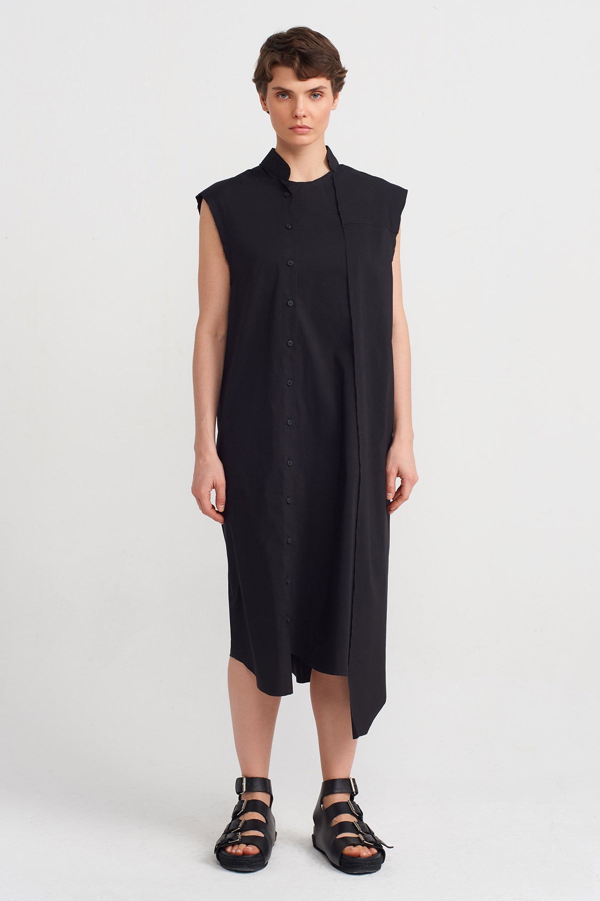 Black Mock Neck Sleeveless Midi Dress-Y244014044