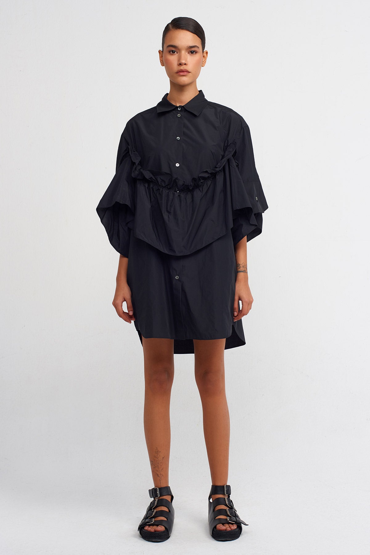 Black Taffeta Shirt Dress-Y244014050