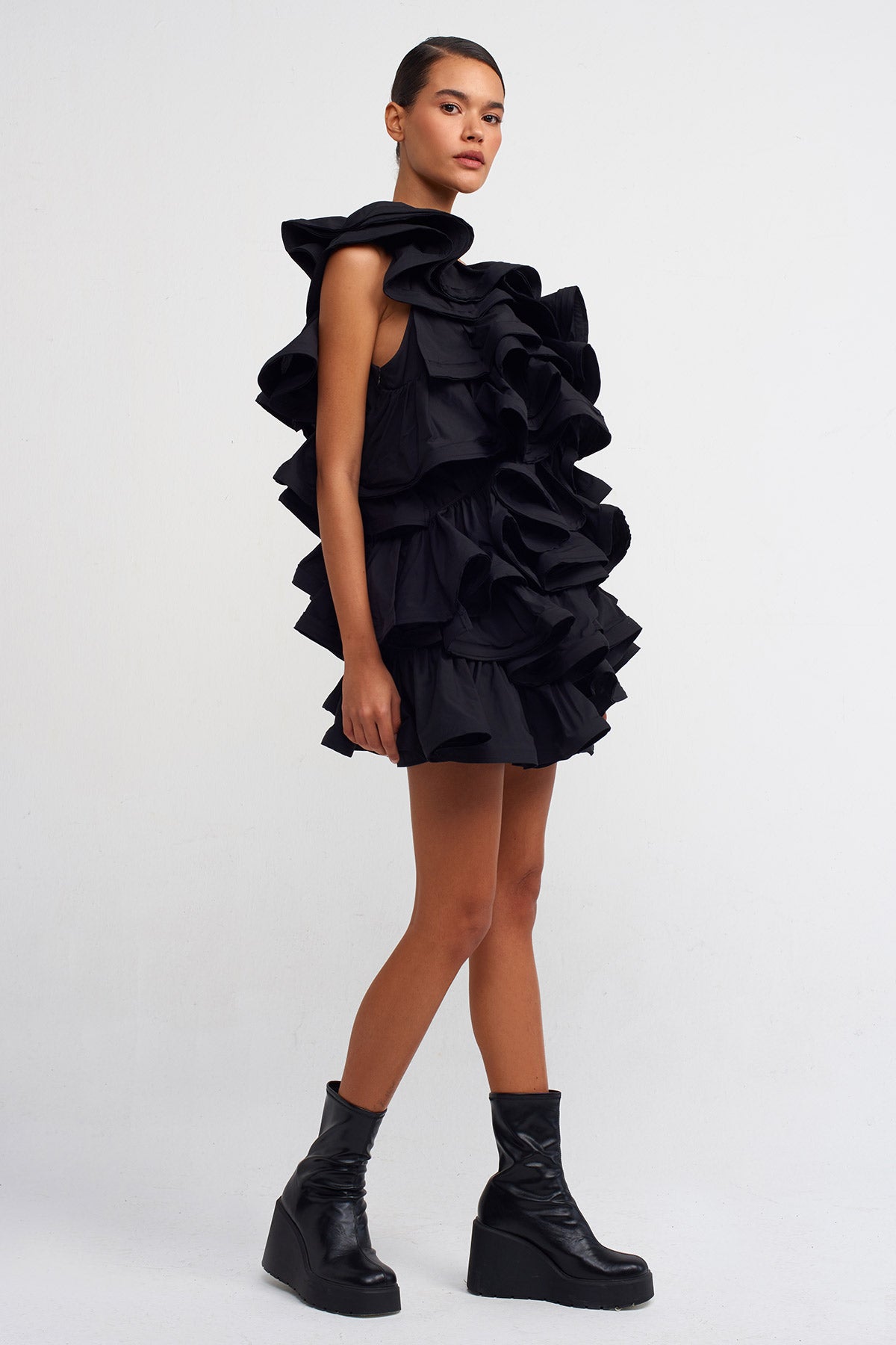 Black Short Poplin Ruffle Dress-Y244014061