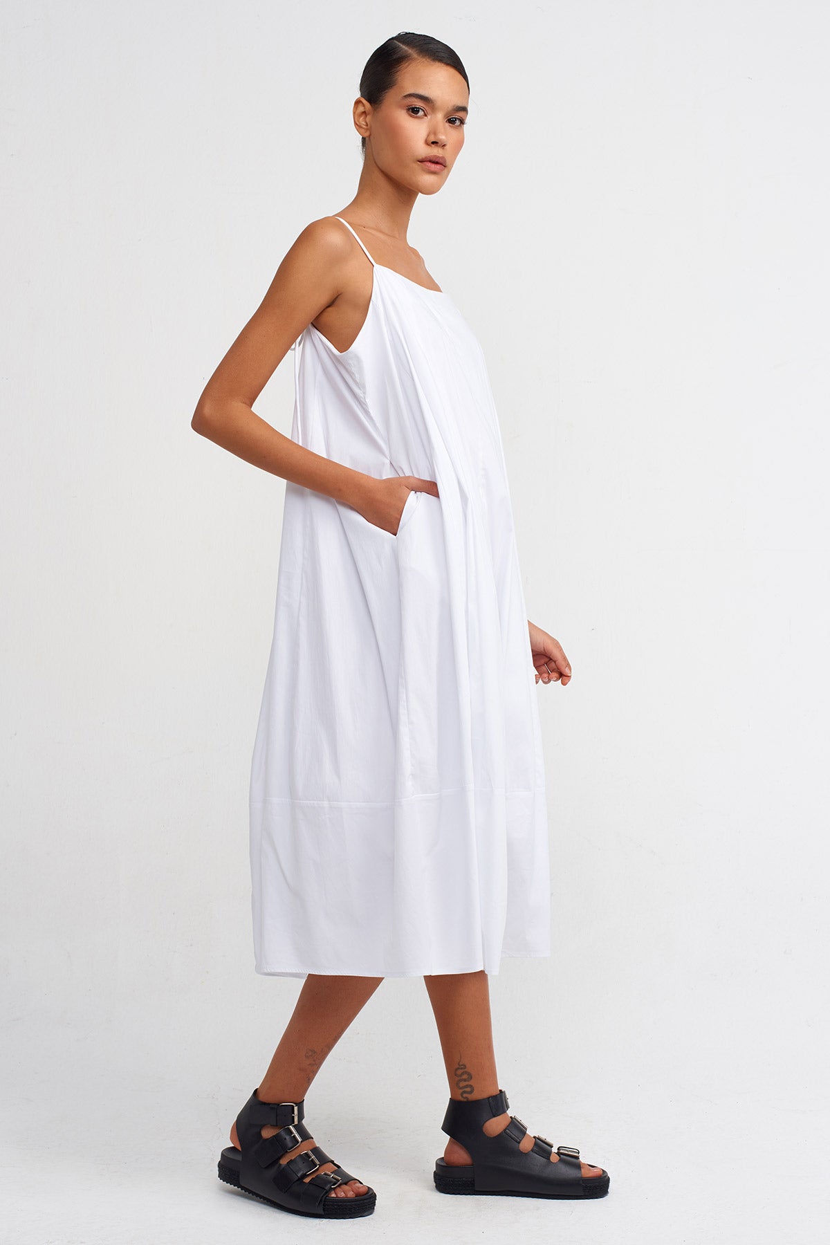 Off White Strappy Poplin Dress-Y244014062