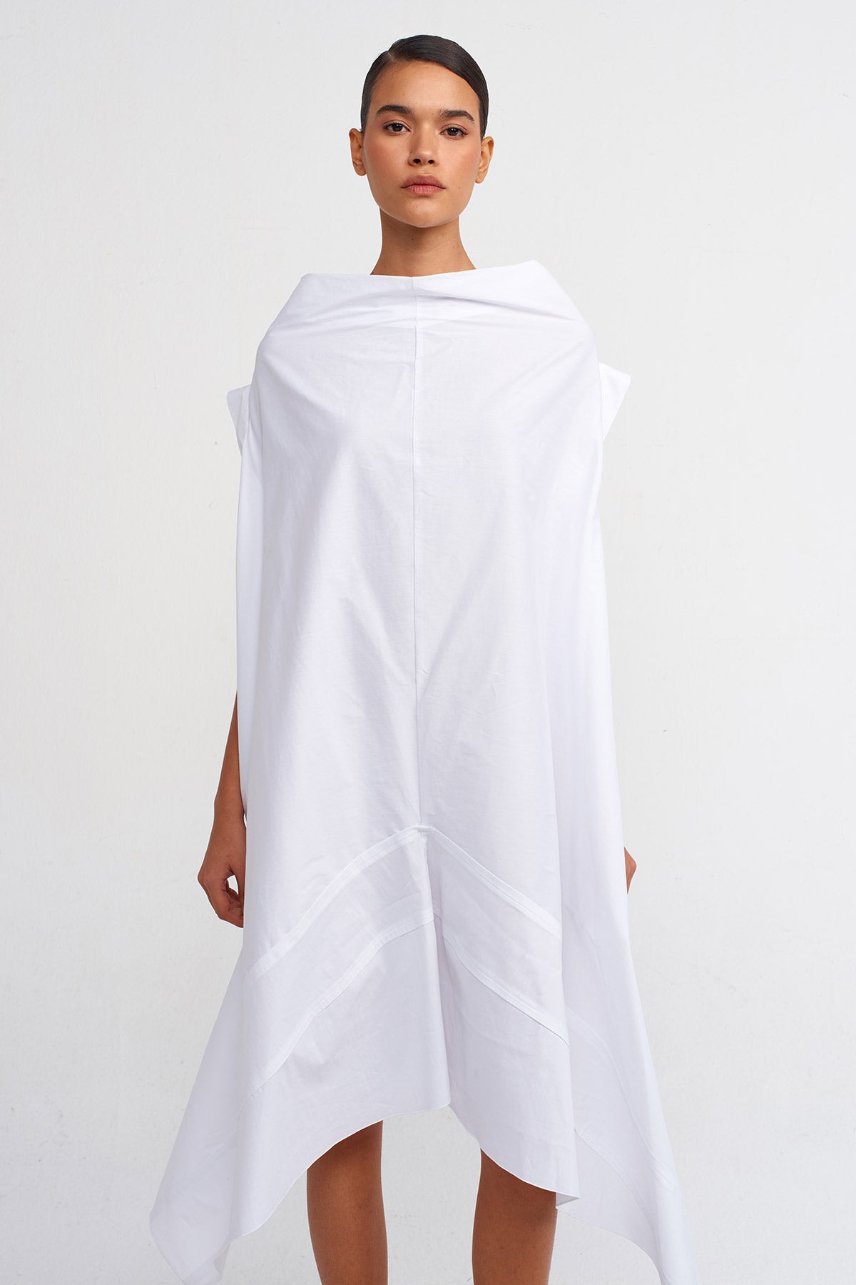 Off White Asymmetric Cut Poplin Dress-Y244014063
