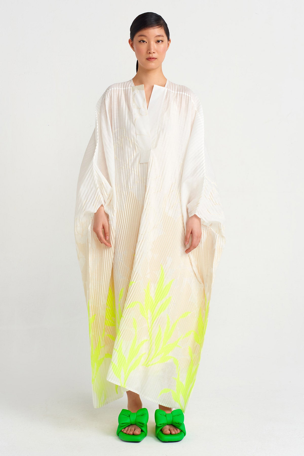 Jacquard Patterned Pleated Kaftan Dress-Y244014120