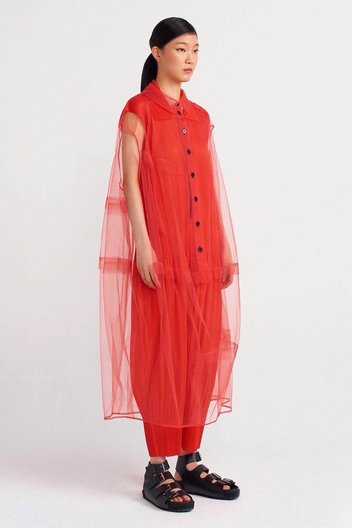 Scarlet Shirt Collar Tulle Dress-Y244014124