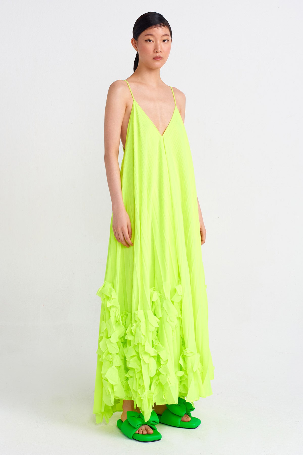 Neon Asit Yeşil Floral Patterned Plisse Dress-Y244014125