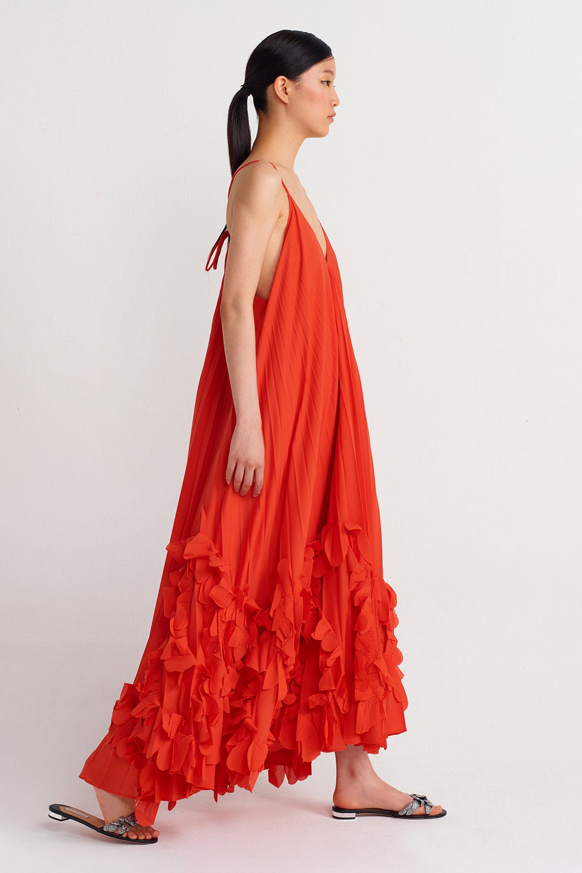 Scarlet Floral Patterned Plisse Dress-Y244014125