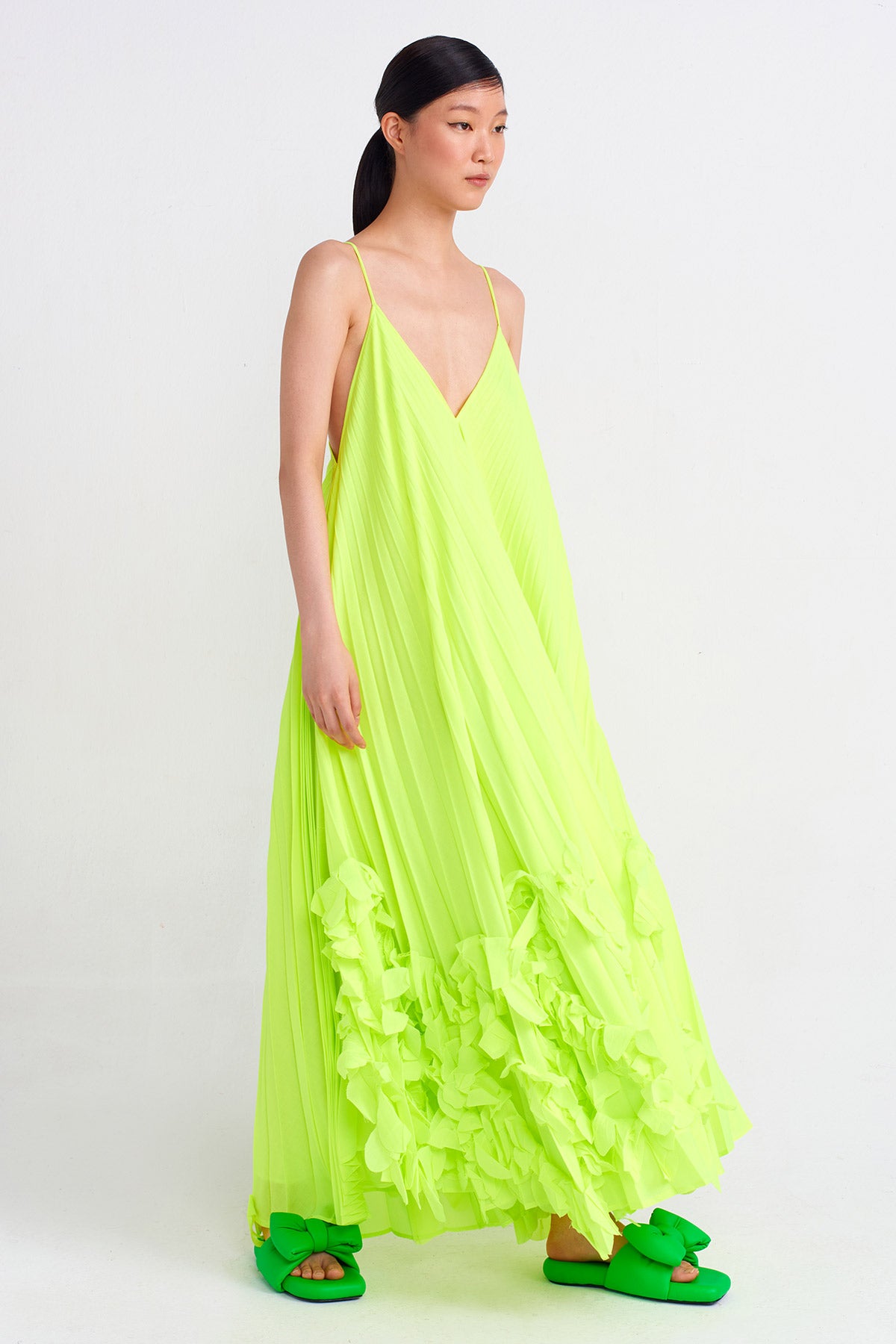 Neon Asit Yeşil Floral Patterned Plisse Dress-Y244014125