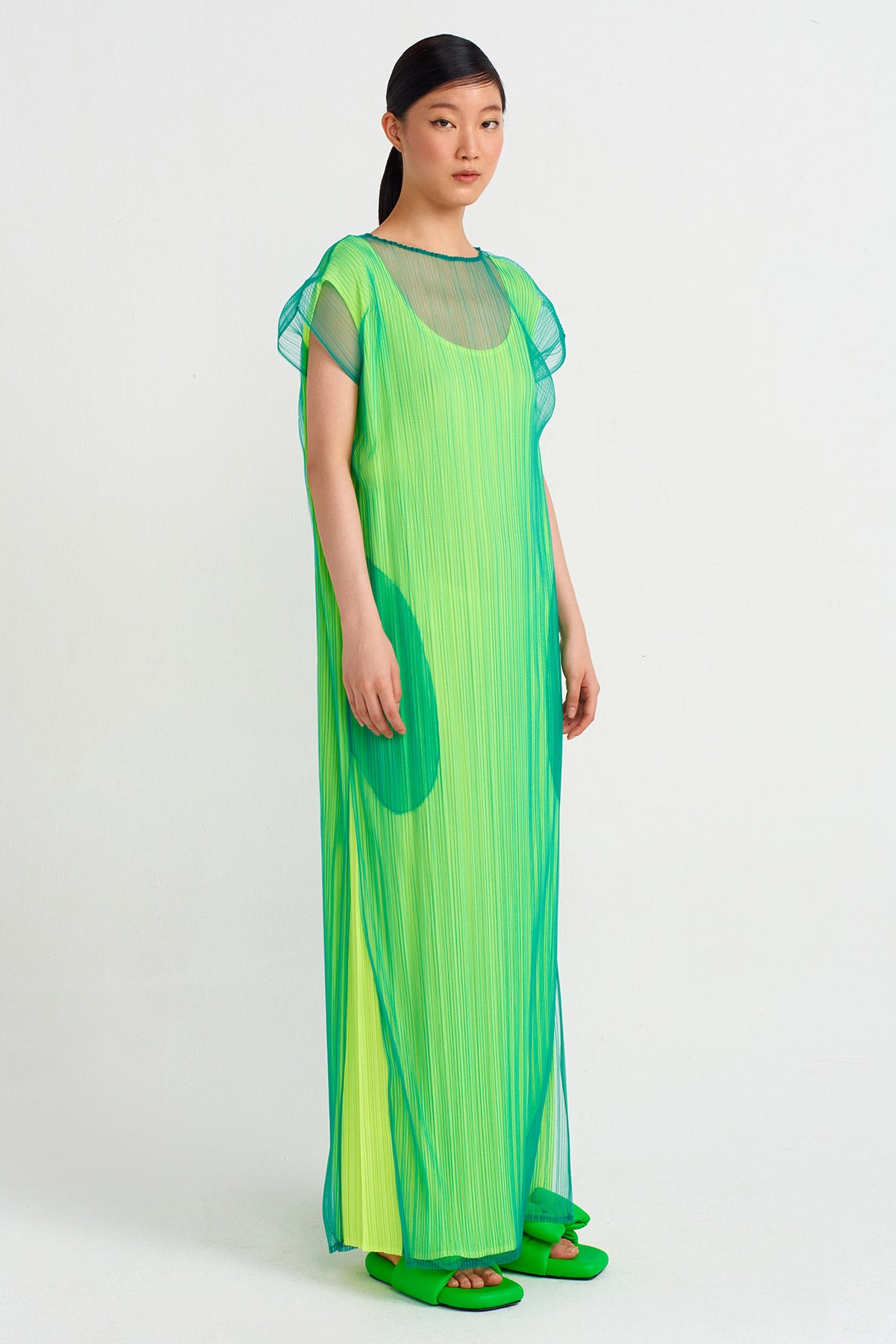 Neon Lined Pleated Tulle Dress-Y244014126
